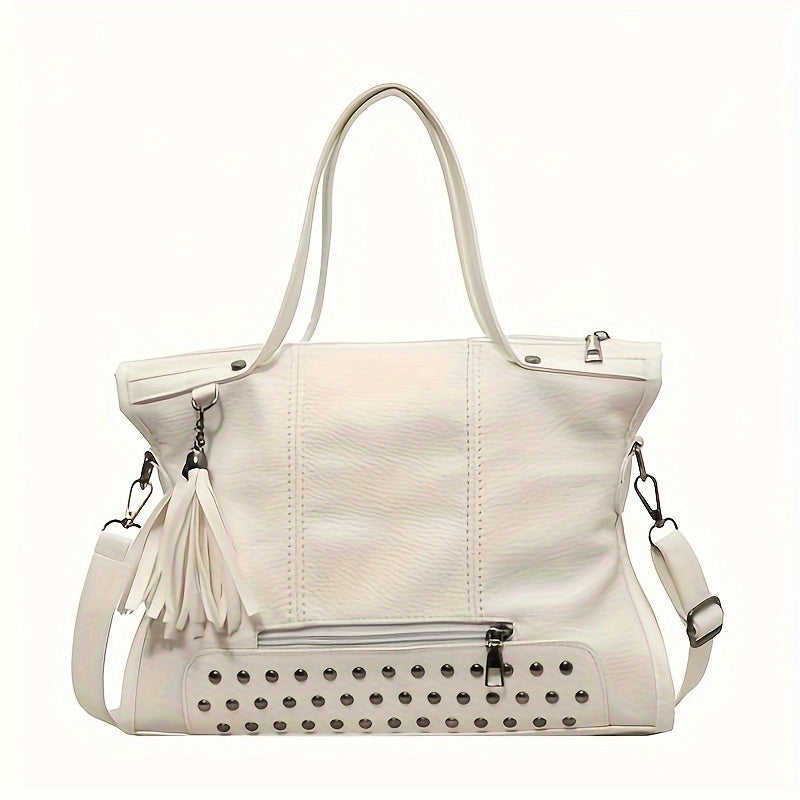 Fashionable Shoulder Bag For Women, New Trend Casual Tassel Pendant Decoration, Large Capacity Tote Bag, Solid Color Rivet Inlay Design, Crossbody Bag, Retro And Stylish Handbag Suitable For Daily Commuting, Outdoor Shopping