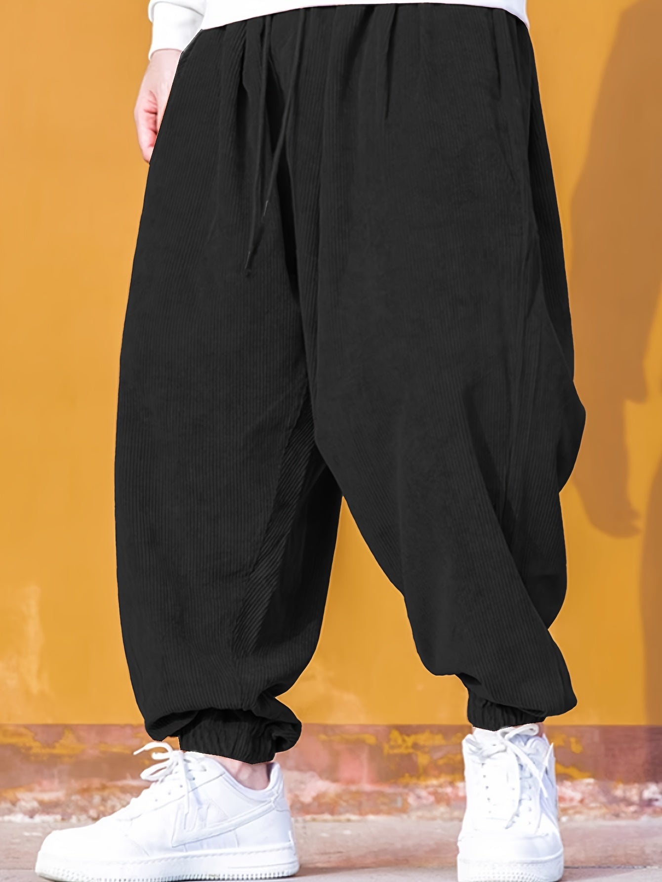 Men's Solid Color Loose Fit Corduroy Pants With Drawstrings, Casual Comfy Outdoor All-season Trousers As Gift