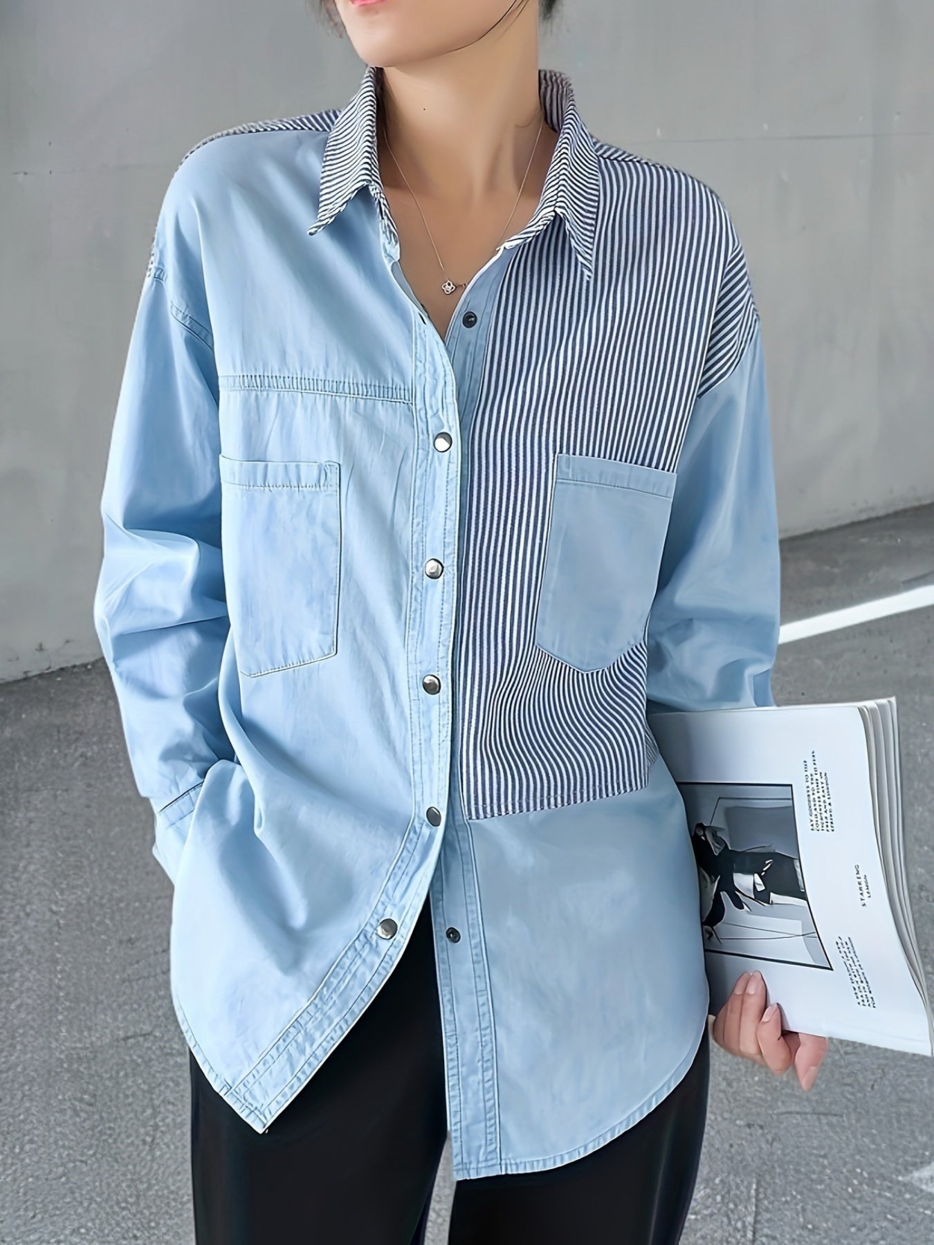 Long Sleeve Relaxed Fit Womens Denim Shirt Top - Soft Non-Stretch Fabric, Casual Polo Style, Color Block Patchwork Blue with Striped Details, Spring/Summer Collection, Button Front, Woven Construction