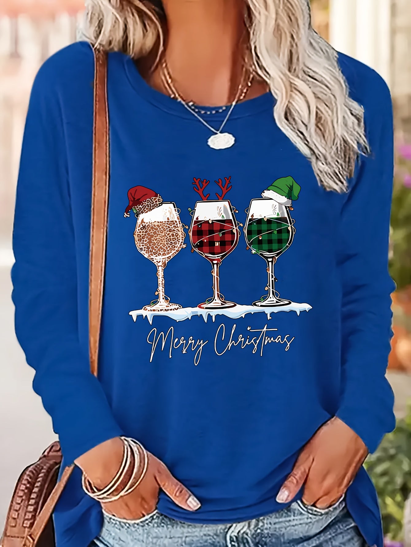 Women's Festive Christmas Wine Glass & Letter Print Long Sleeve T-Shirt - Casual Crew Neck, Polyester, Machine Washable