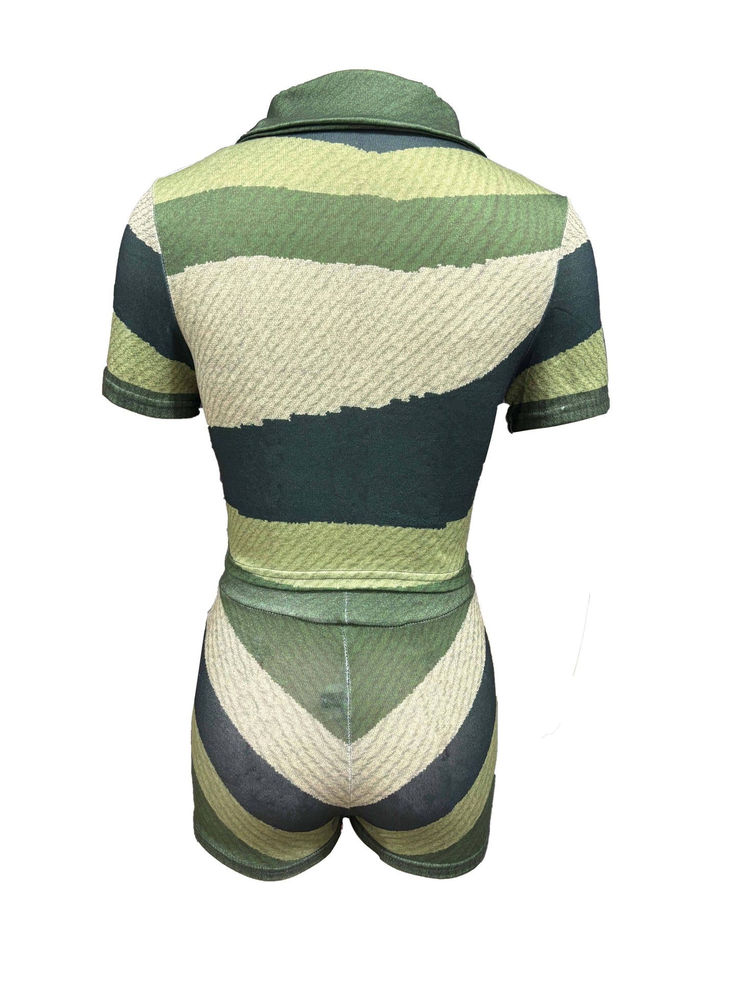 Two-Piece Y2K Color Block Lapel Collar Short Sleeve Top & Skinny Shorts Set - Polyester Mid-Elasticity Knit Fabric, Random Printing, Patchwork Pattern, Button Front, Perfect for Spring & Summer, Womens Clothing