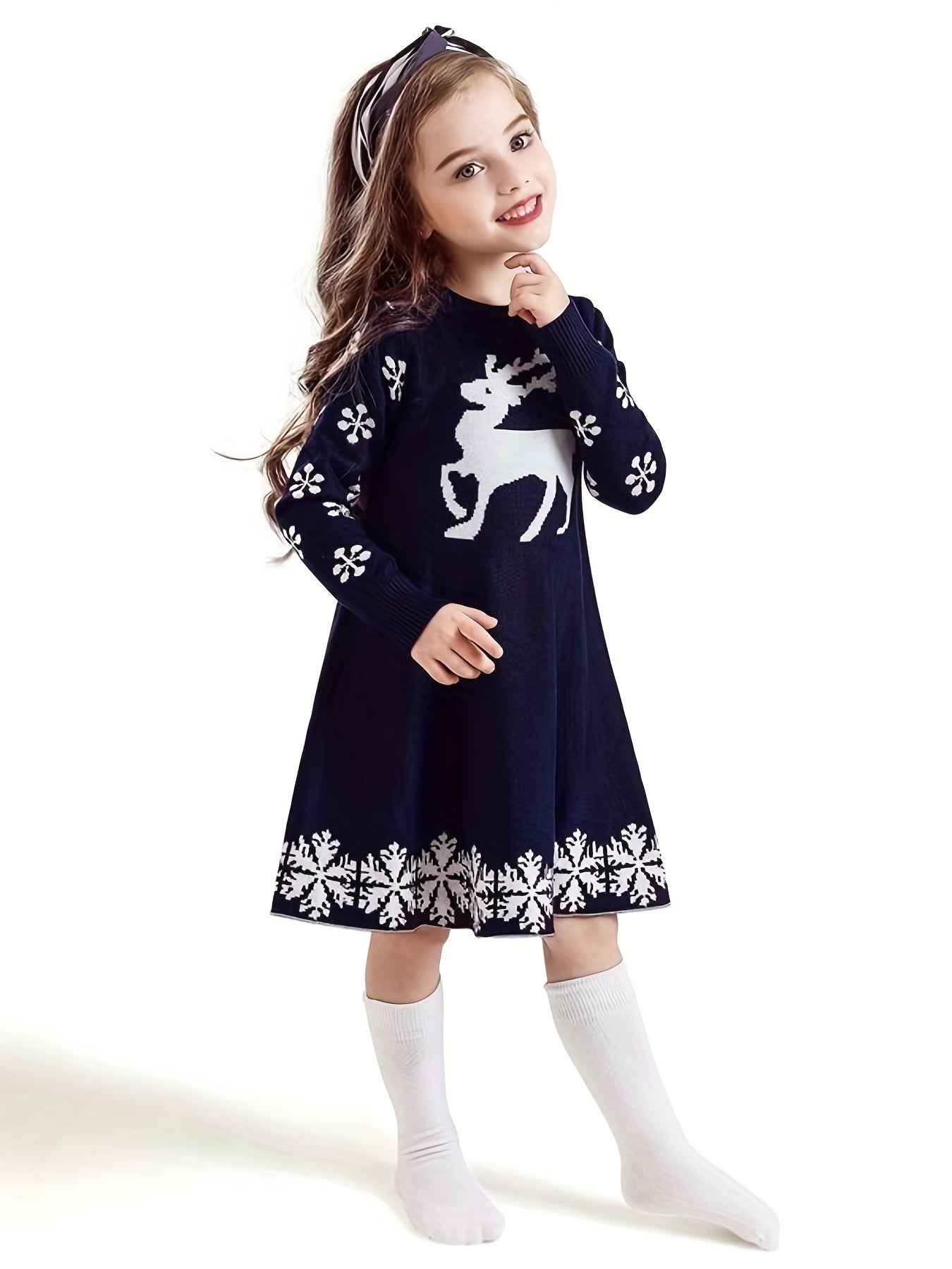 Cozy Girls' Deer Pattern Sweater Dress - Special Occasion, Round Neck, Long Sleeve, Knitted, Christmas Themed, Soft and Warm - Perfect for Holiday Parties