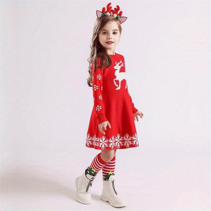 Cozy Girls' Deer Pattern Sweater Dress - Special Occasion, Round Neck, Long Sleeve, Knitted, Christmas Themed, Soft and Warm - Perfect for Holiday Parties