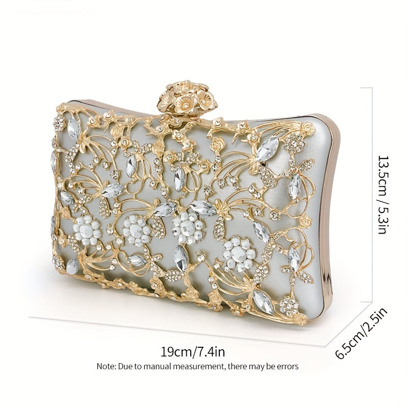 Hollow Rhinestone Evening Bag, Elegant Box Clutch Purse, Women's Handbags For Party Prom Wedding