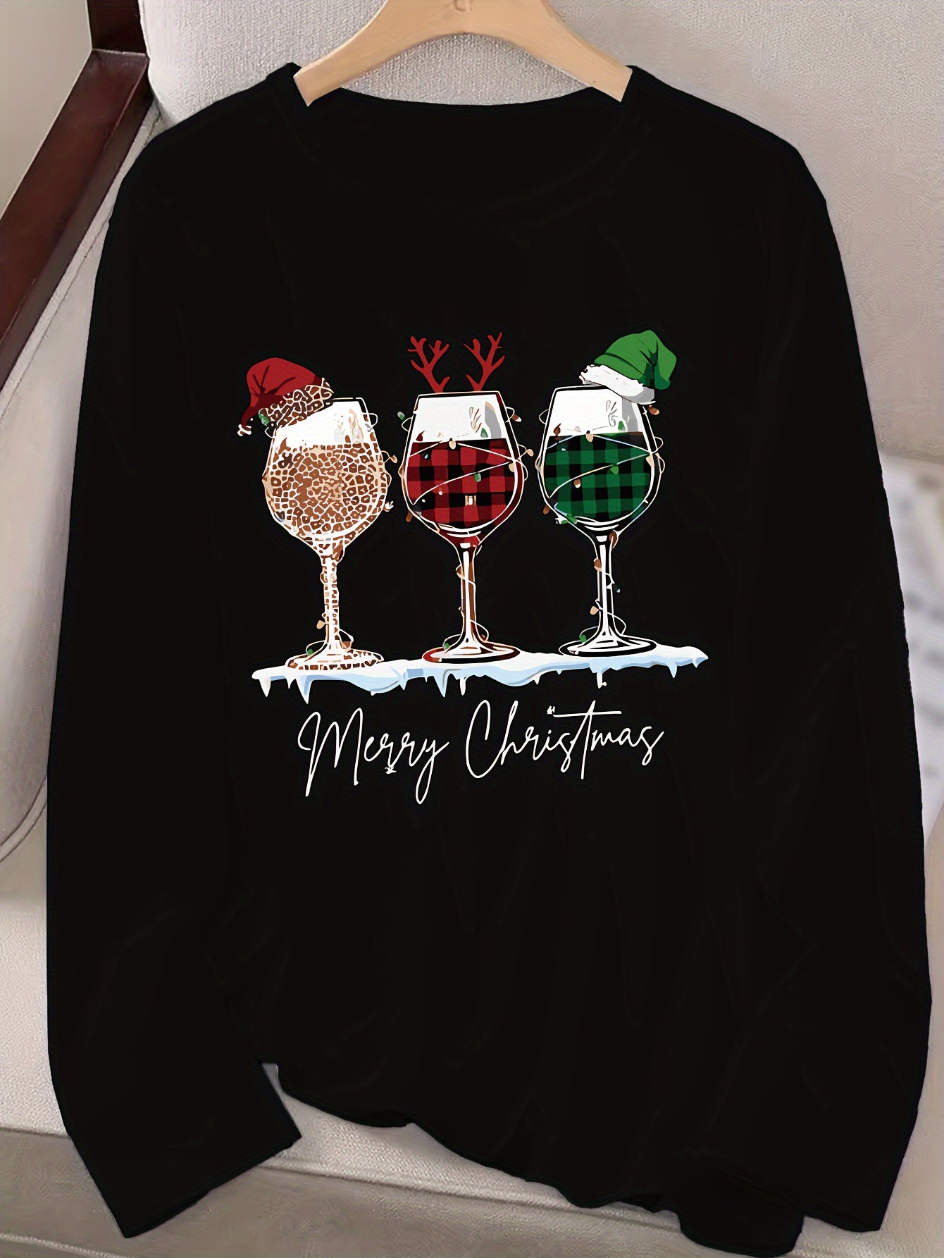 Women's Festive Christmas Wine Glass & Letter Print Long Sleeve T-Shirt - Casual Crew Neck, Polyester, Machine Washable