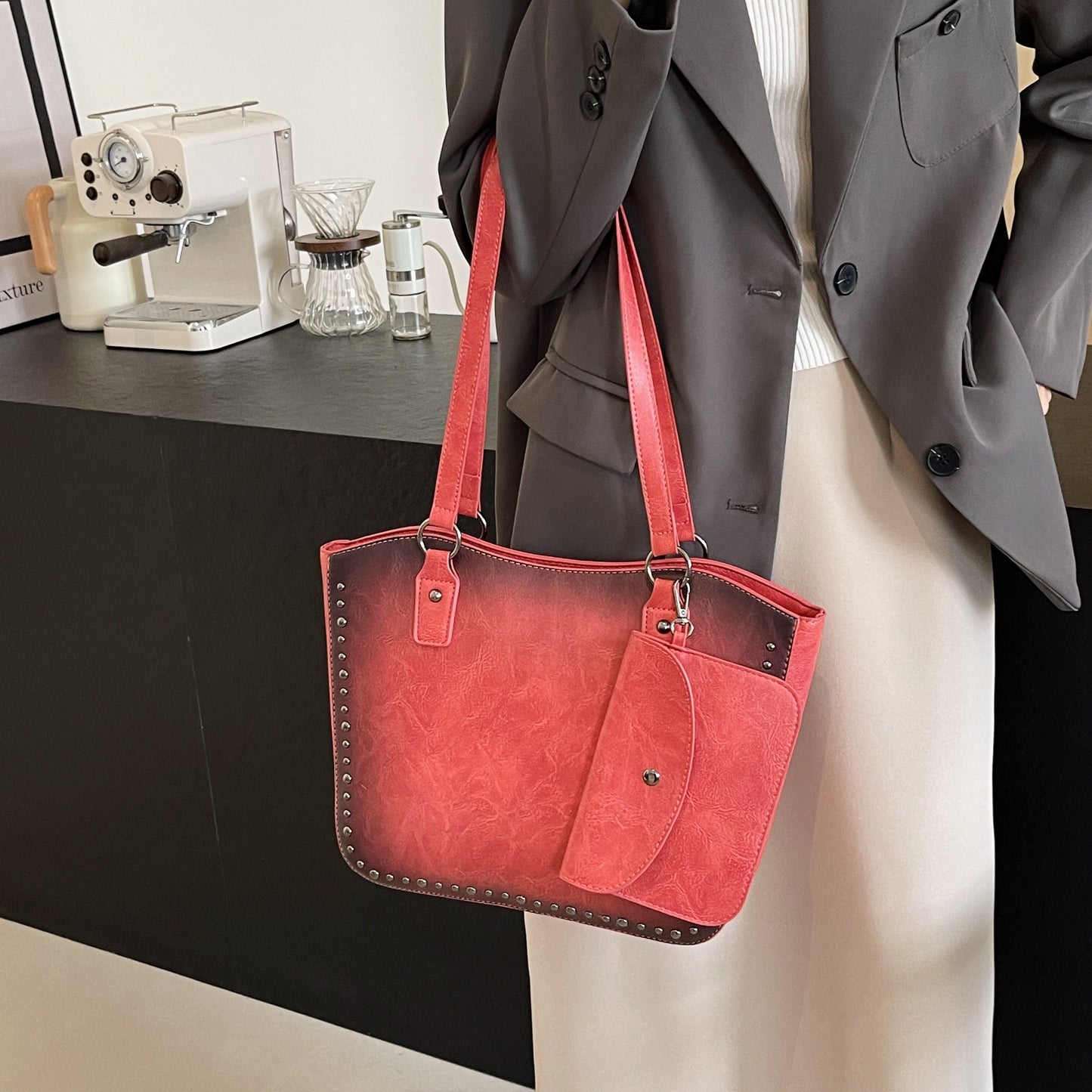 Women's Fashion Tote Bag with Rivet Detailing, Large Capacity Shoulder Handbag, PU Leather with Zipper Closure, Edge Painted, Multipurpose for Work and Daily Use