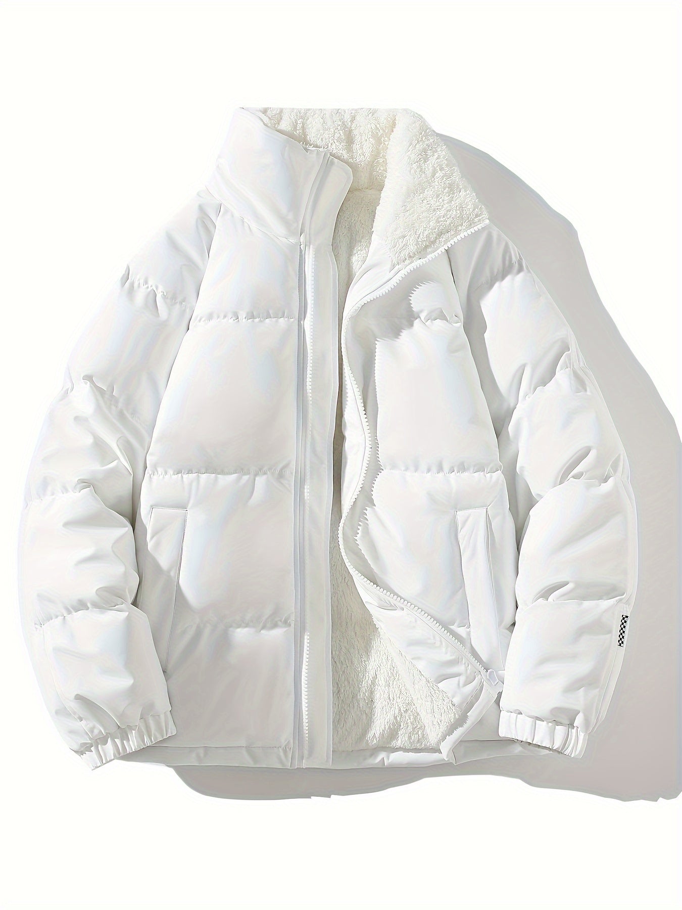 Men's Solid Puffer Coat With Pockets, Casual Breathable Stand Collar Zip Up Long Sleeve Fleece Warm Coat For Winter Outdoor Activities
