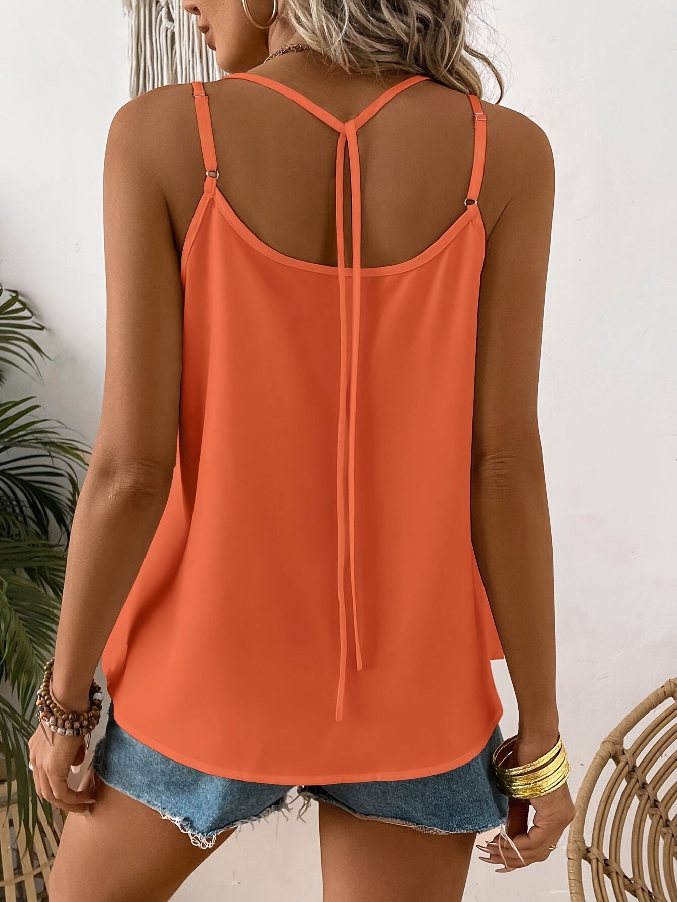 V Neck Spaghetti Strap Cami Top - Elegant Solid Color Sleeveless Shirt with Fake Buttons for Spring and Summer - Womens Regular Length Dacron and Spandex Semi-Sheer Woven Clothing