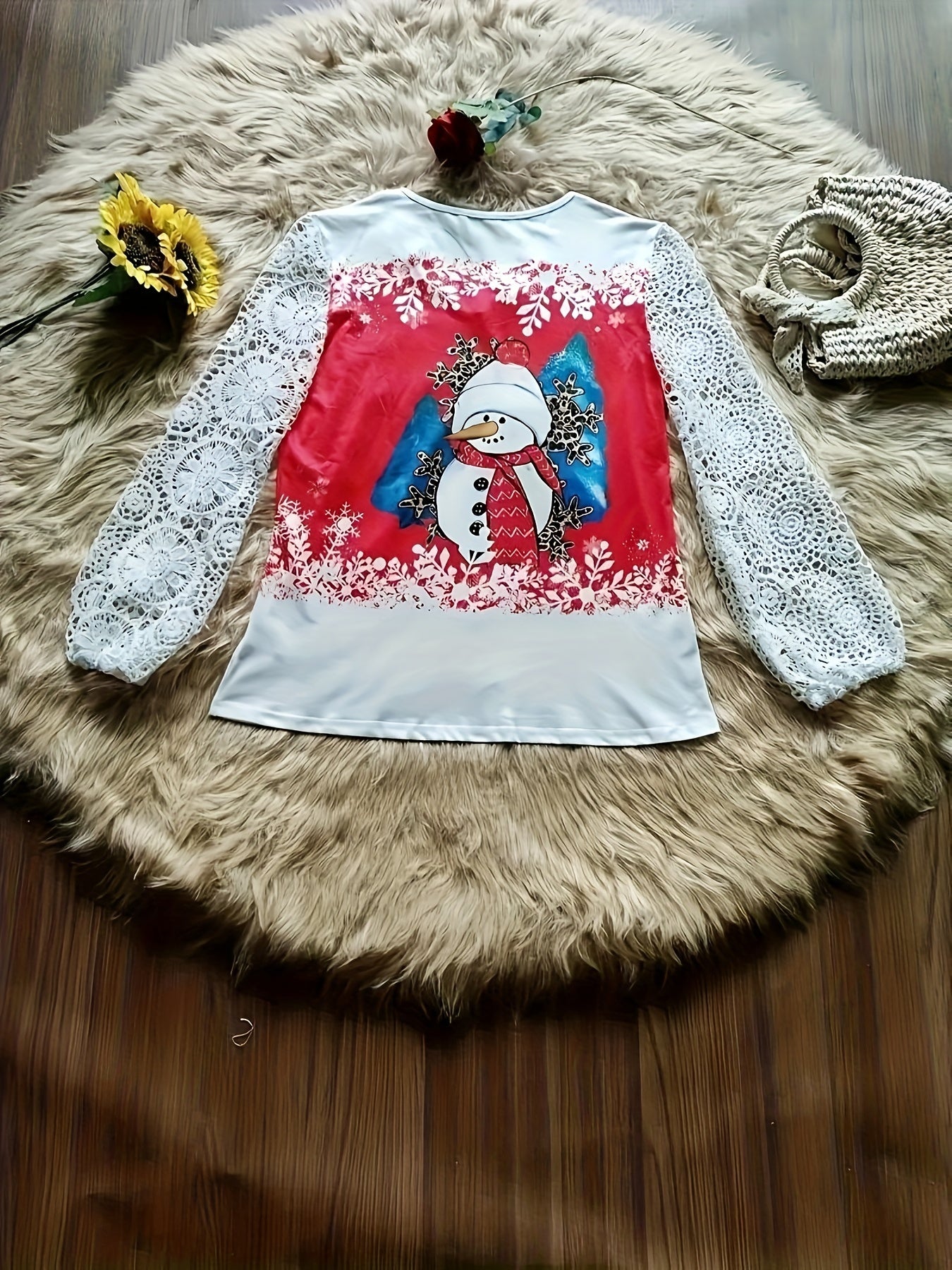 Elegant Christmas Lace-Trim V-Neck Top with Snowman Print - Long Sleeve, Machine Washable - Perfect for Spring & Fall
