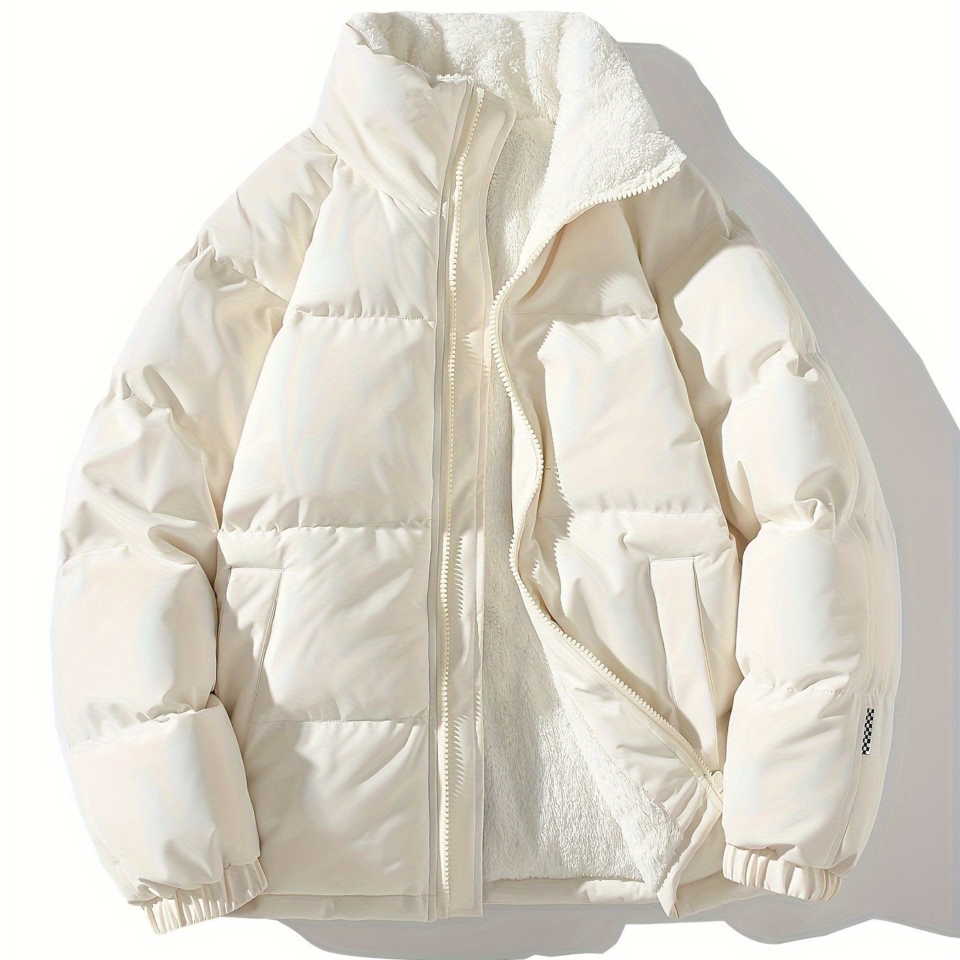 Men's Solid Puffer Coat With Pockets, Casual Breathable Stand Collar Zip Up Long Sleeve Fleece Warm Coat For Winter Outdoor Activities