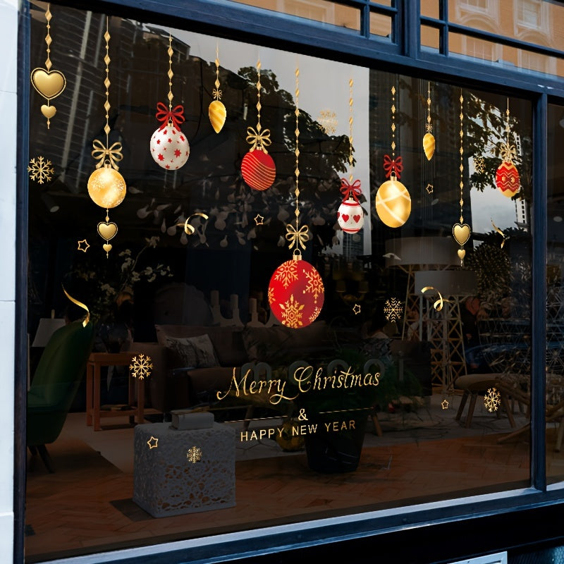 Christmas Window Clings Set, 1 Piece Static Decal Stickers for Shops and Home, Waterproof Plastic Holiday Ornaments with Painter's Tape, Snowflakes and Festive Bauble Decorations for Glass Surfaces