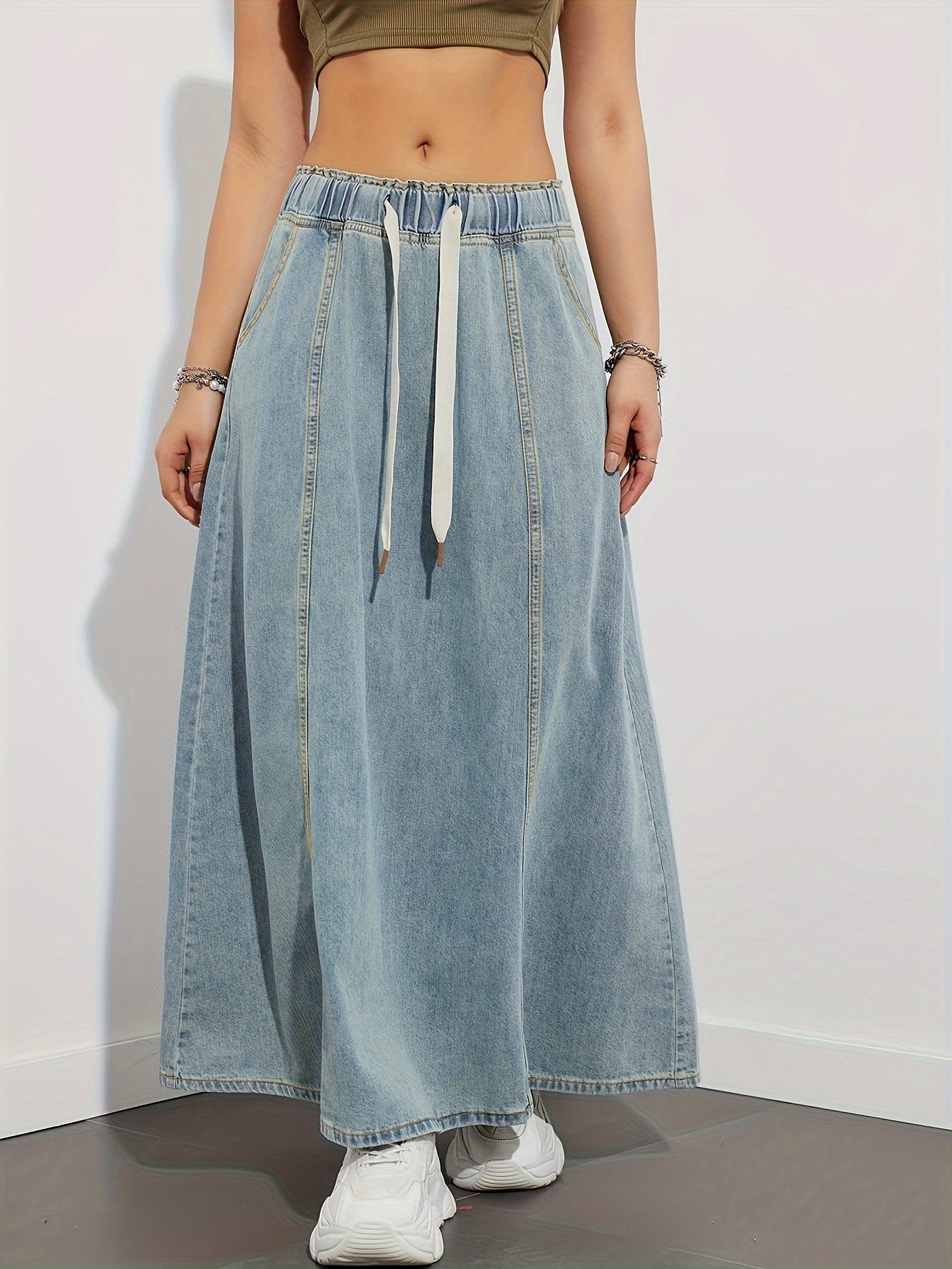 Stylish Women's Maxi Denim Skirt - Drawstring Elastic Waistband, Loose Fit, Plain Washed Blue, Casual Style, Comfortable, Versatile, and Flattering - Perfect for Daily Wear and Outdoor Activities