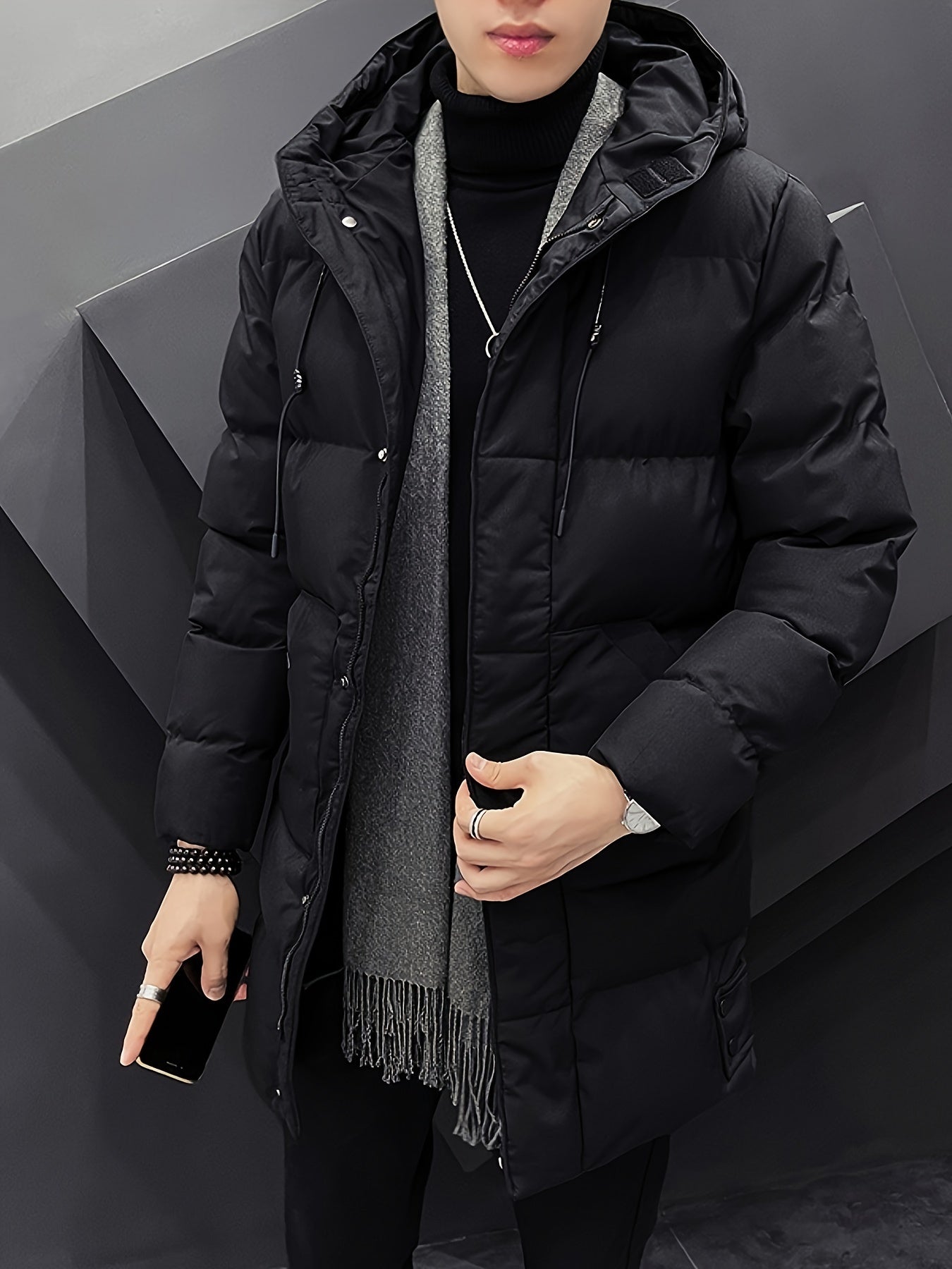 Men's Warm Puffer Coat, Casual Slightly Stretch Breathable Hooded Down Jacket For Outdoor Winter