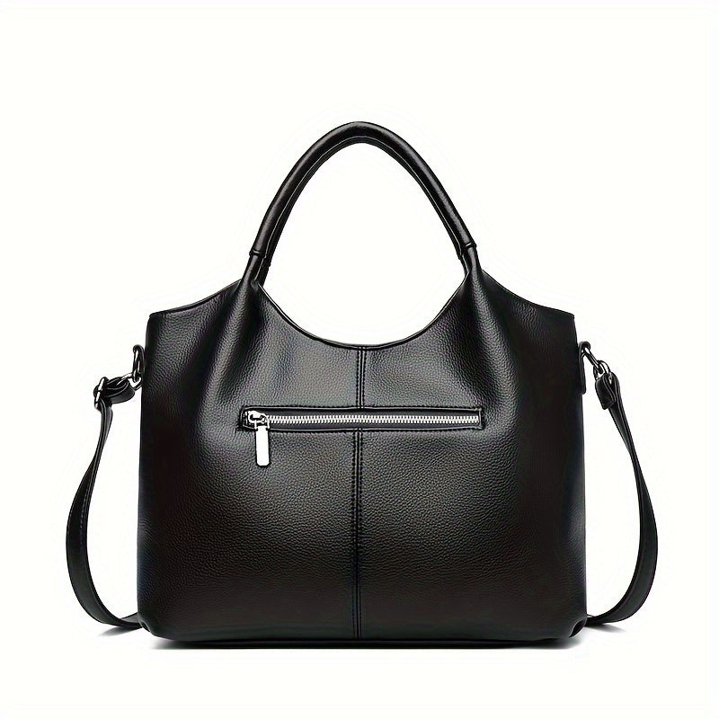 Women's Fashion Tote Handbag New Style - Soft PU Leather, Large Capacity Shoulder Bag with Zipper Closure and Optional Messenger Strap - Elegant and Versatile Ladies Purse - Black