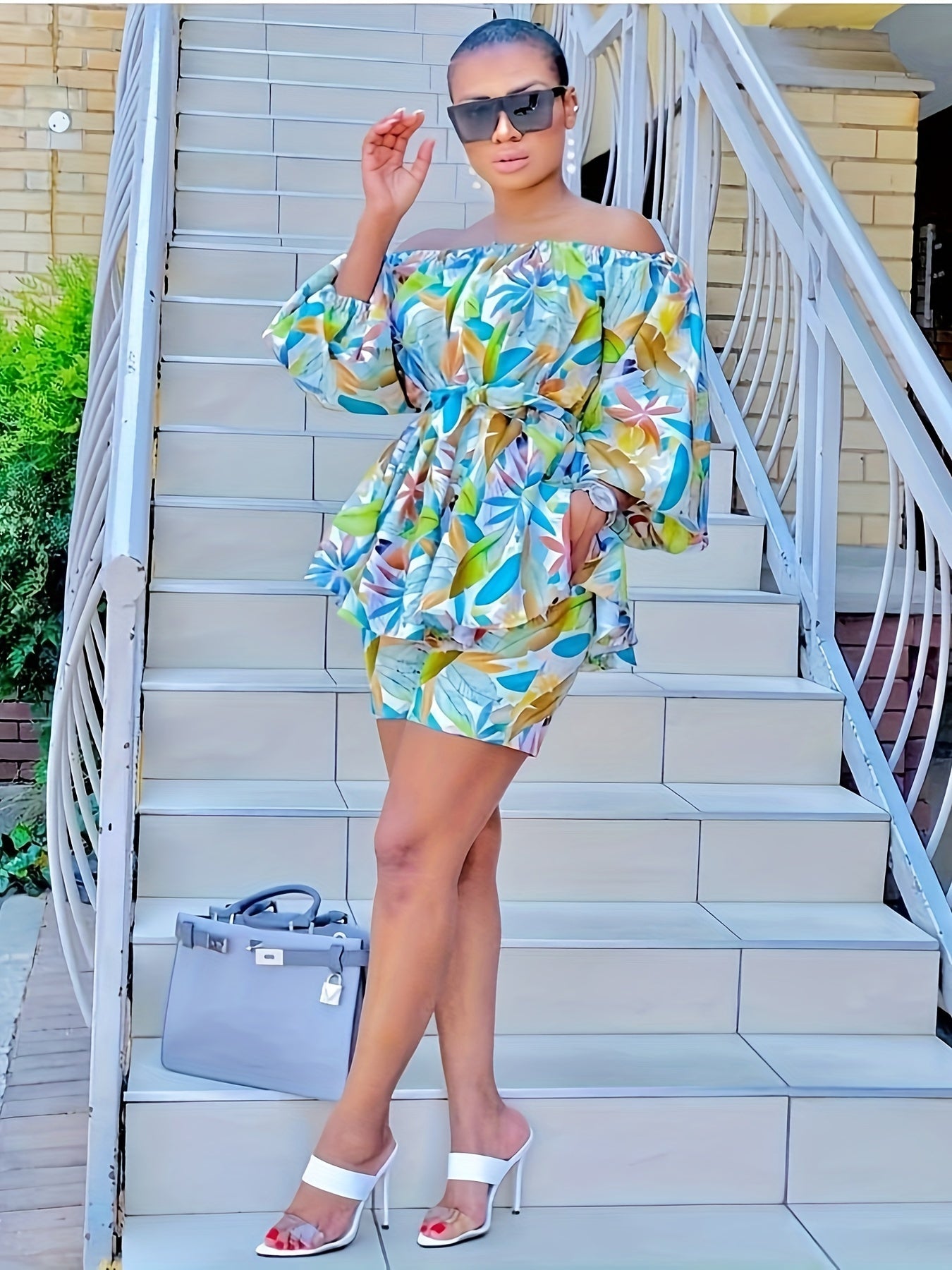 Trendy Leaves Print Sexy Two-Piece Outfit - Accentuating Slim Waist, Flattering Off-The-Shoulder Neckline, Body-Hugging Slim Shorts - Stylish Womens Clothing for Fashion-Conscious Ladies