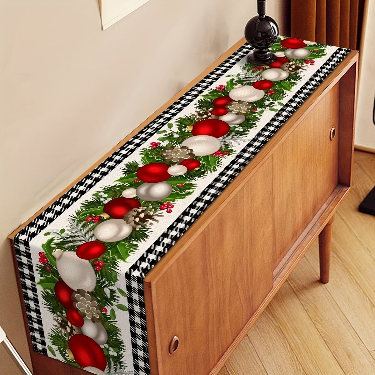 1pc, Christmas Table Runner, Black And White Buffalo Check Plaid Table Cover, Waterproof Stain Resistant Seasonal Winter Holiday Table Runner, Tabletop Protection, Party Family Gather Holidays Decoration, Gift, Home Decor, Scene Decor