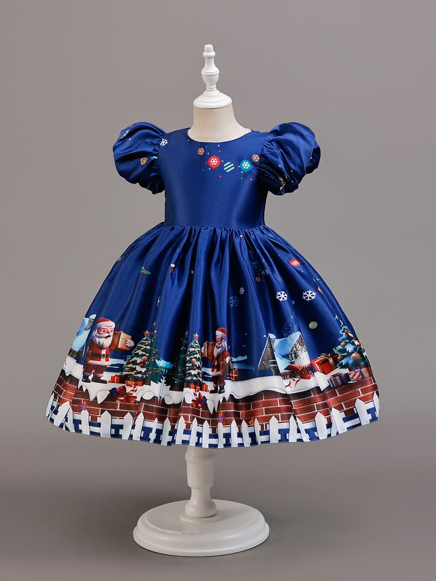 Adorable Girls' Christmas Dress with Santa & Snowflake Print - Puff Sleeve Princess Costume for Holiday Performances