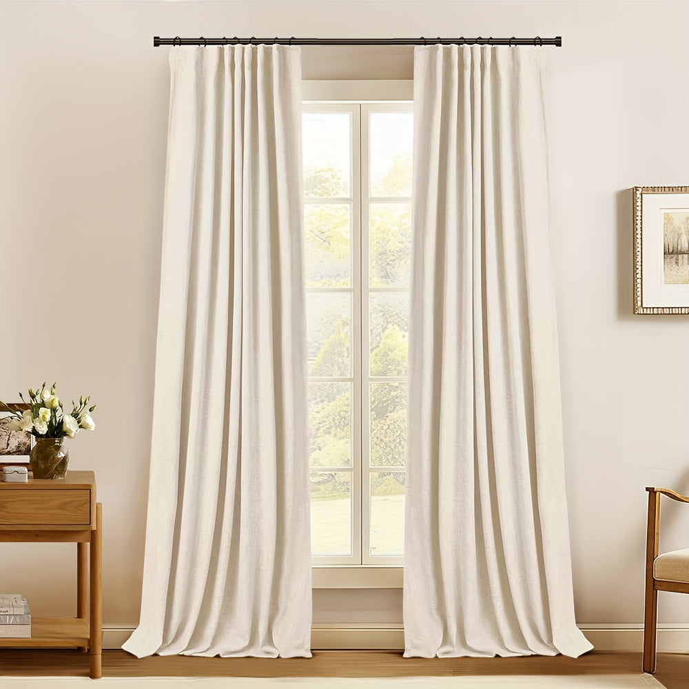 2 Panels 100% Blackout Linen Textured Curtains - Complete Darkness & Thermal Insulation - Natural Elegance for Bedroom & Living Room - Includes Clip Rings or Rod Pocket Options