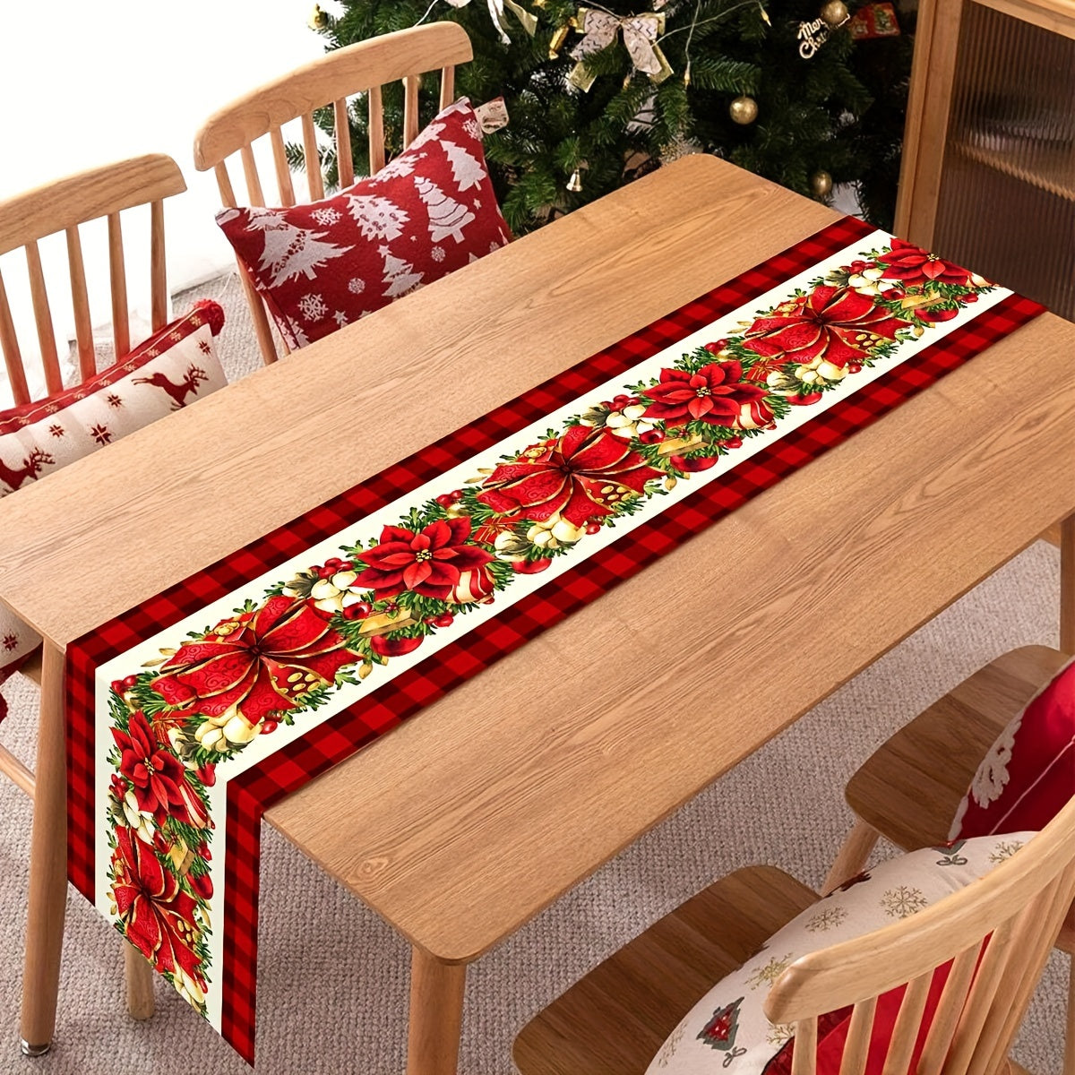 Festive Christmas Table Runner: 1PC Polyester Table Runner with Christmas Floral and Gift Elements, Perfect for Winter Holidays and Family Gatherings