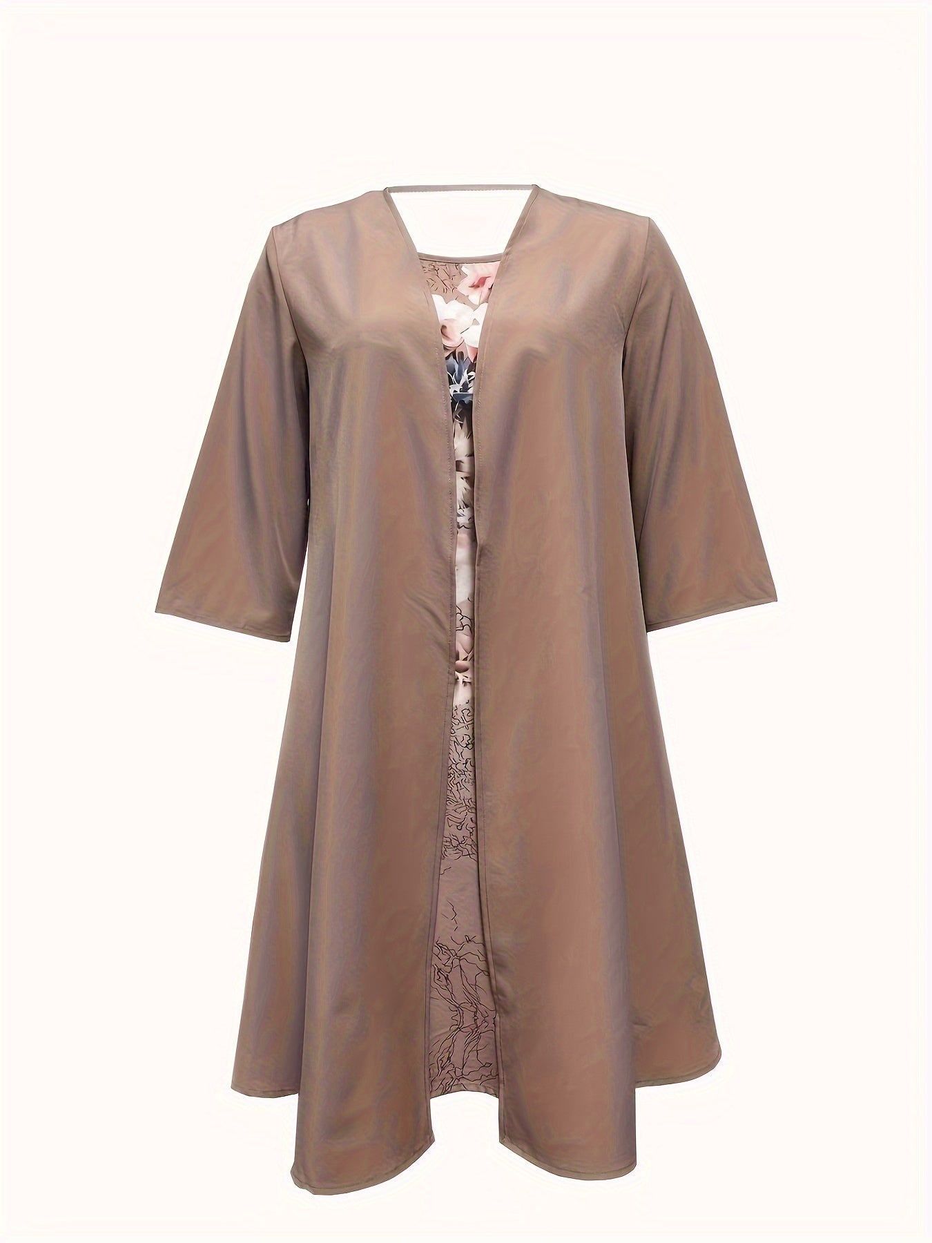 Elegant Women's Spring/Fall Two-Piece Set: Non-Sheer Crew Neck Floral Dress & Versatile Open Cardigan - Easy Maintenance Outfit