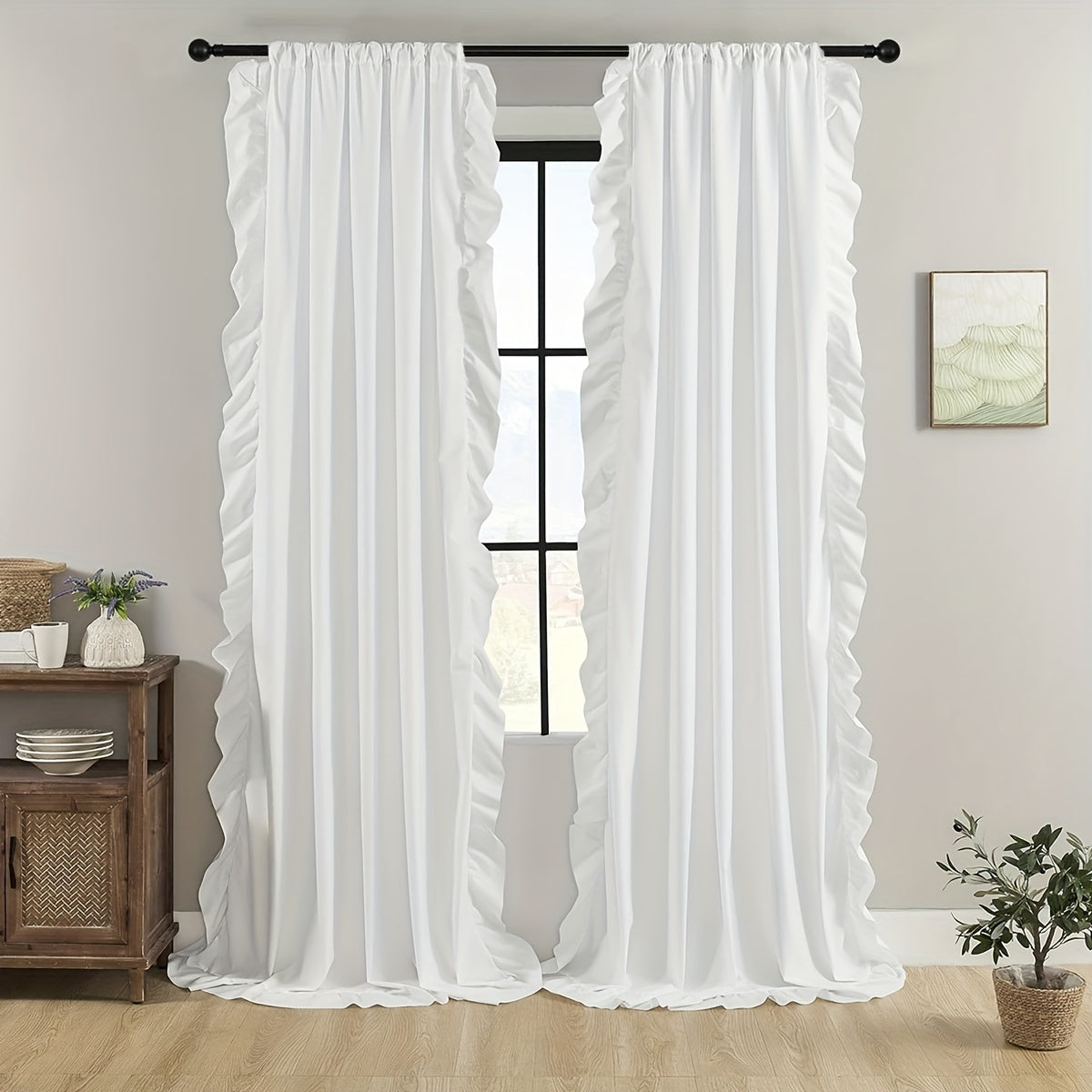 2-Panel French Romantic Ruffled Semi-Blackout Curtains - Elegant White Bay Window Balcony Decor for Living Room and Bedroom - Country Chic Home Decor with Soft Ruffles and Easy Hang Design