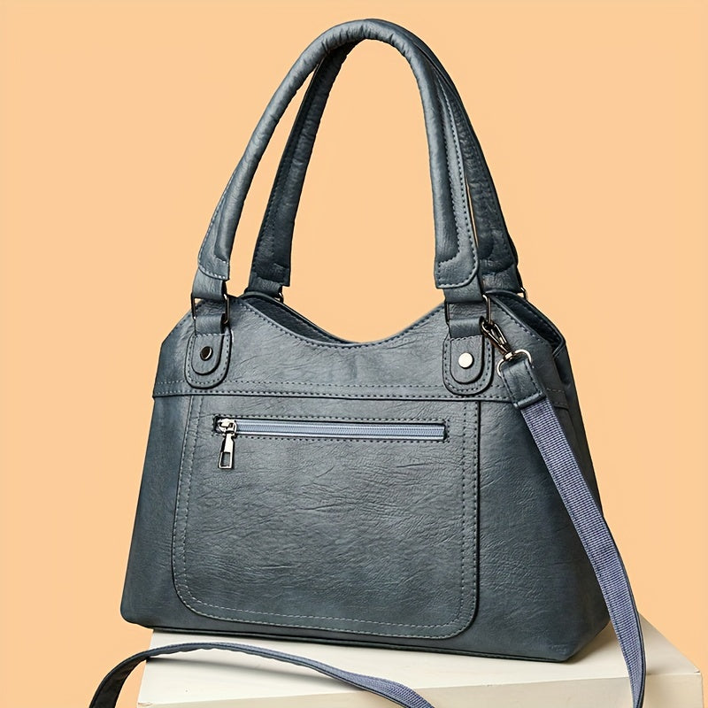 Women's Large Capacity Tote Bag, Vintage Style, Waterproof and Theft-Proof, Solid Color, Casual Versatile Handbag with Adjustable Strap, Zipper Closure, Polyester Lining, Faux Leather, No Print, No Edge Oil, Black