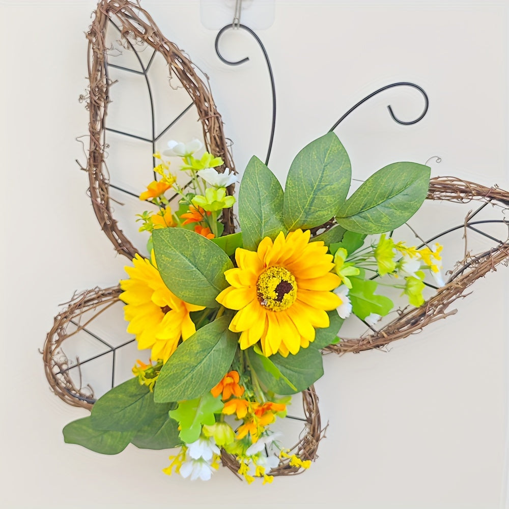 1pc, Spring Wreath, Butterfly Wreath, Sunflower Wreath, For Front Door Decoration, Spring Door Wreath, Spring Farmhouse Wreath, Mother's Day Wreath, Spring, Butterfly, Spring Decoration, Wreath, Autumn Door Decoration, Thanksgiving Wreath