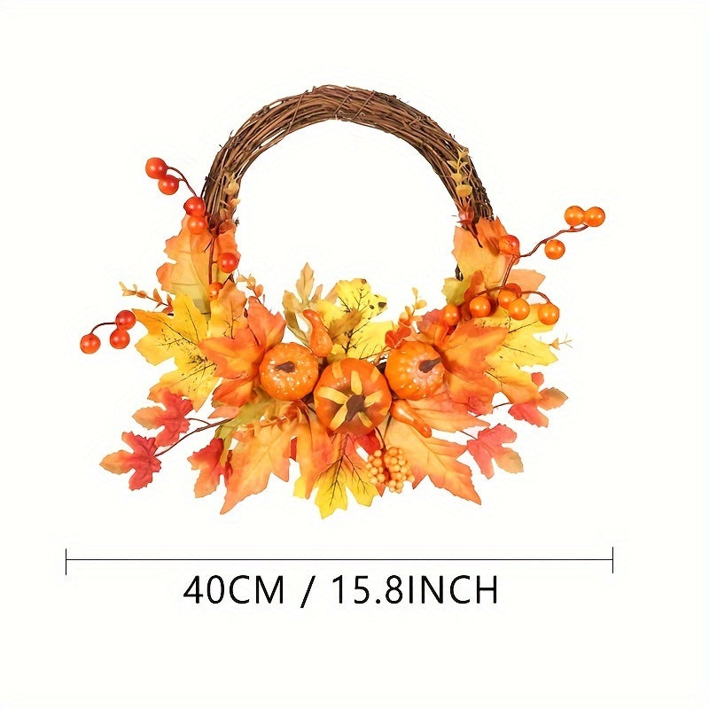 Autumn Harvest 15.8" Artificial Pumpkin & Maple Leaf Wreath - Perfect for Thanksgiving, Halloween, and Christmas Decor | Versatile Indoor/Outdoor Wall Hanging