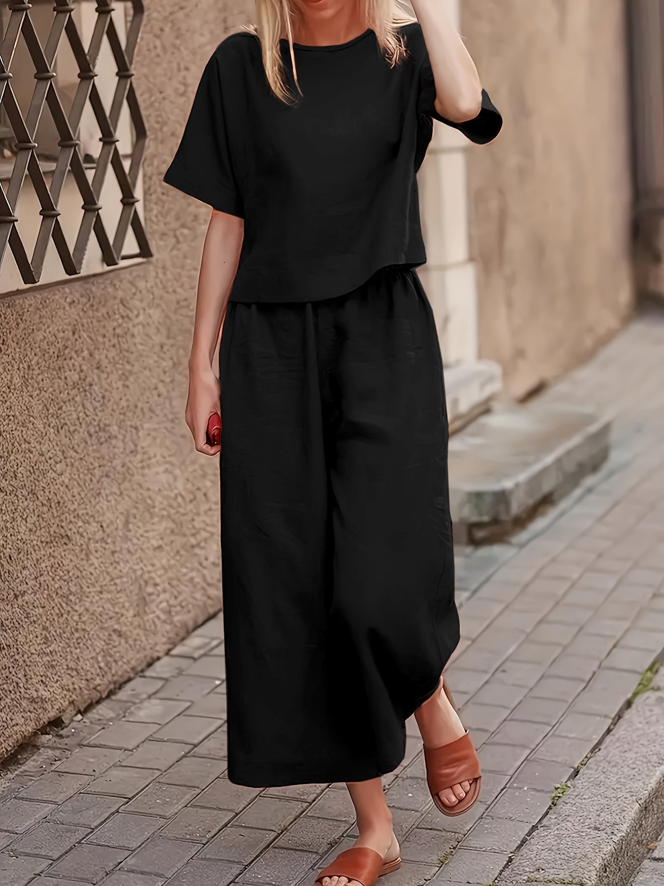 Women's Chic Outfit Set - Crew Neck Short Sleeve Top & Wide Leg Pants Combo - Solid Color, Simple, Casual, Comfortable, Versatile, and Easy to Match - Perfect for Daily Wear, Work, or Leisure Activities