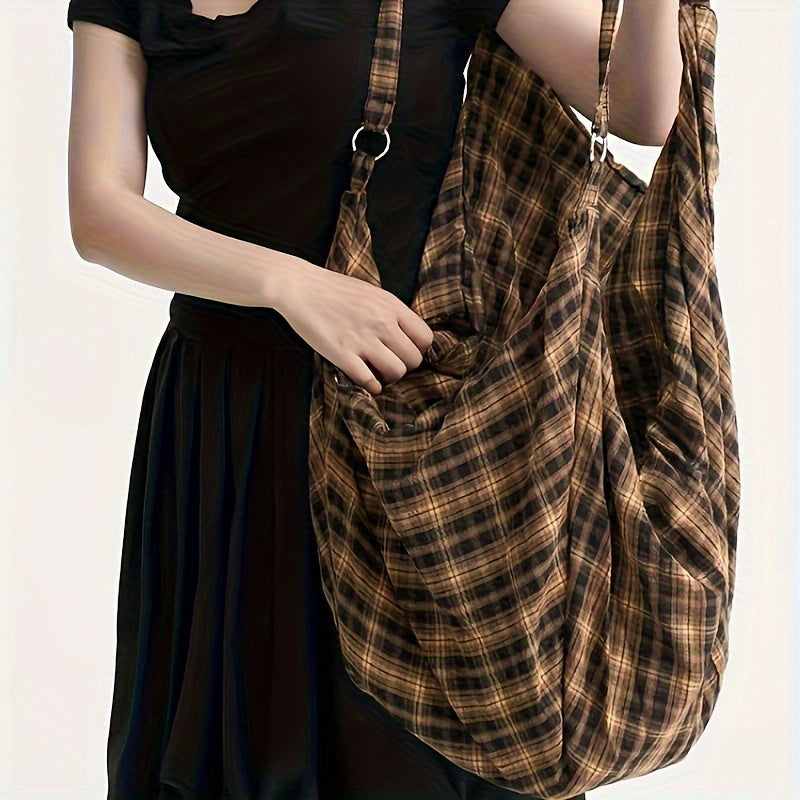 Chic Rock-Inspired Plaid Canvas Backpack - Spacious & Versatile for Work or Casual Outings, Durable Shoulder Straps, Zip Closure