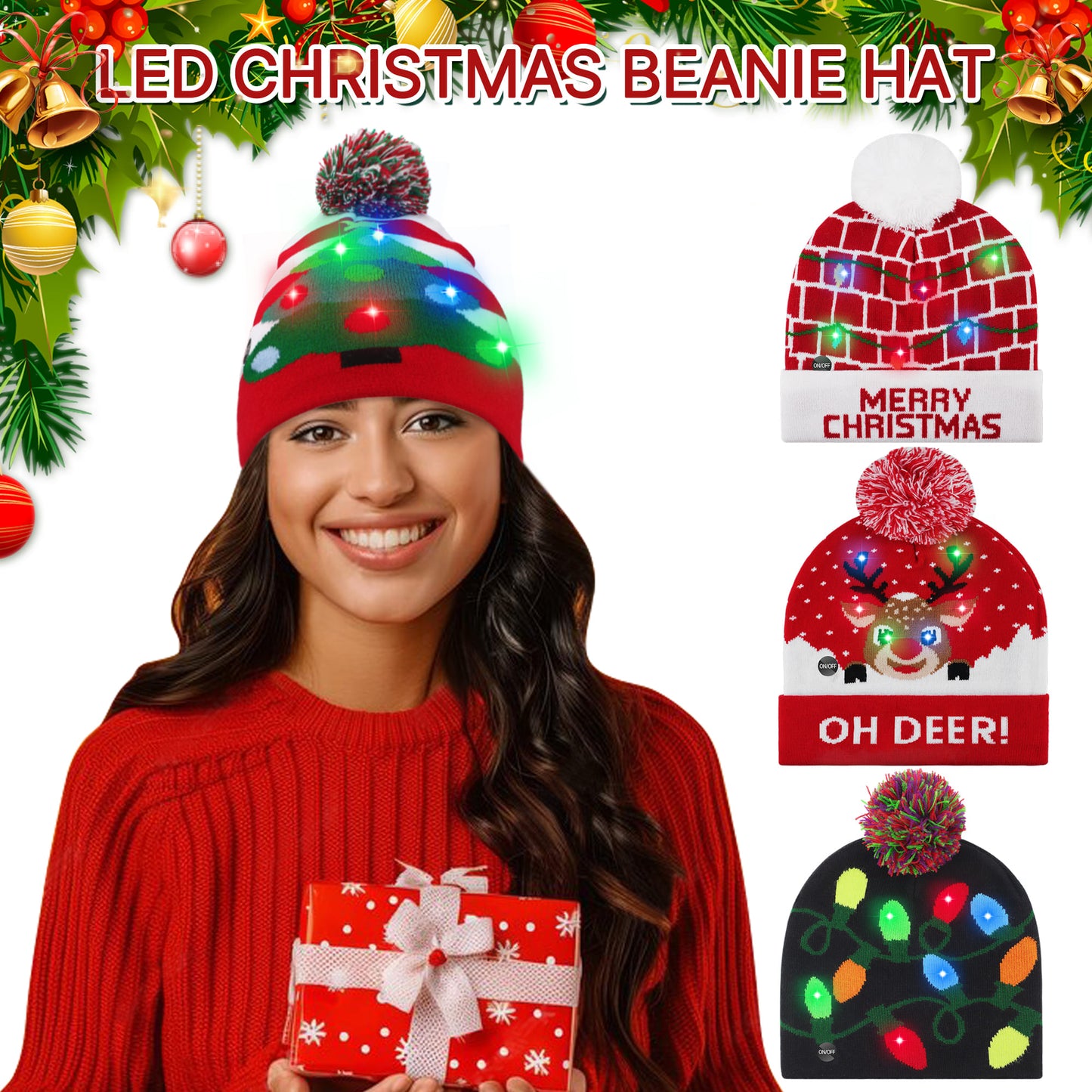 4 Pack LED Light up Christmas Beanie Hats Xmas Knitted Hat Unisex Winter Hat Flashing Cap for Adults Kids Christmas New Year