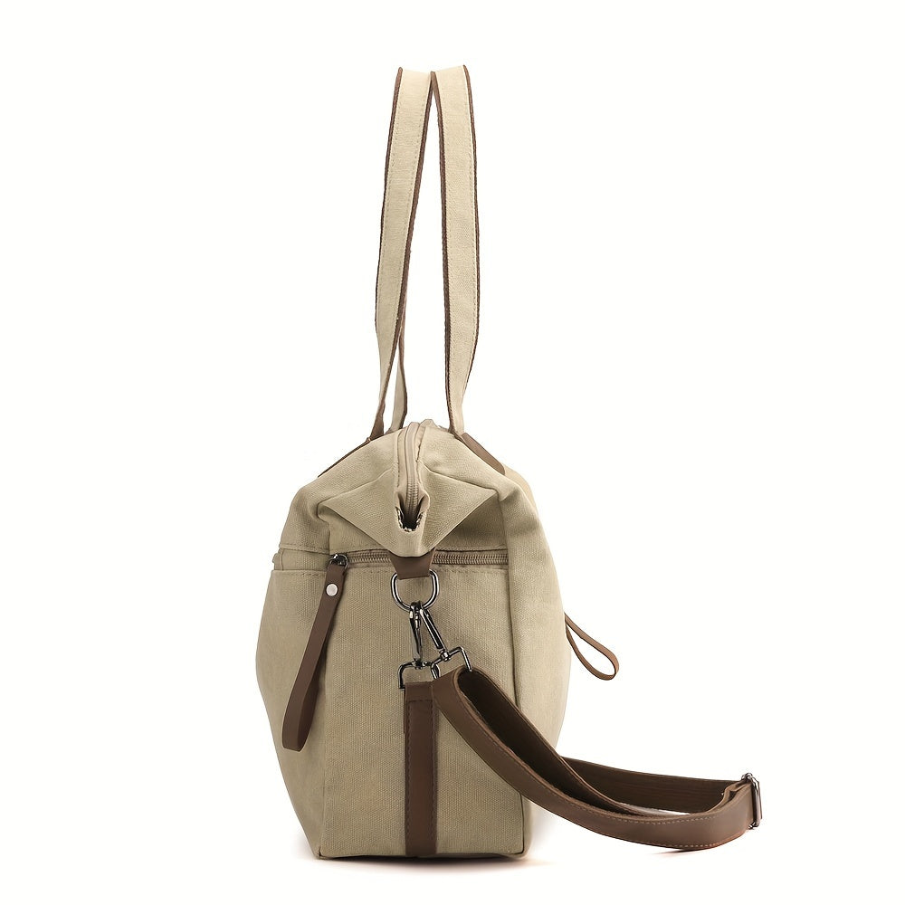 Large Capacity Vintage Style Canvas Tote Bag for Women - Adjustable Strap, Zipper Closure, Polyester Lined, Versatile for Work, Commuting, and Travel