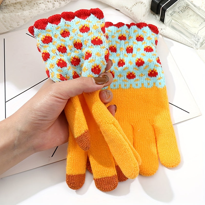 Cozy Knit Winter Gloves with Cute Patterns - Touchscreen Compatible, Windproof & Warm for Cycling and Skiing