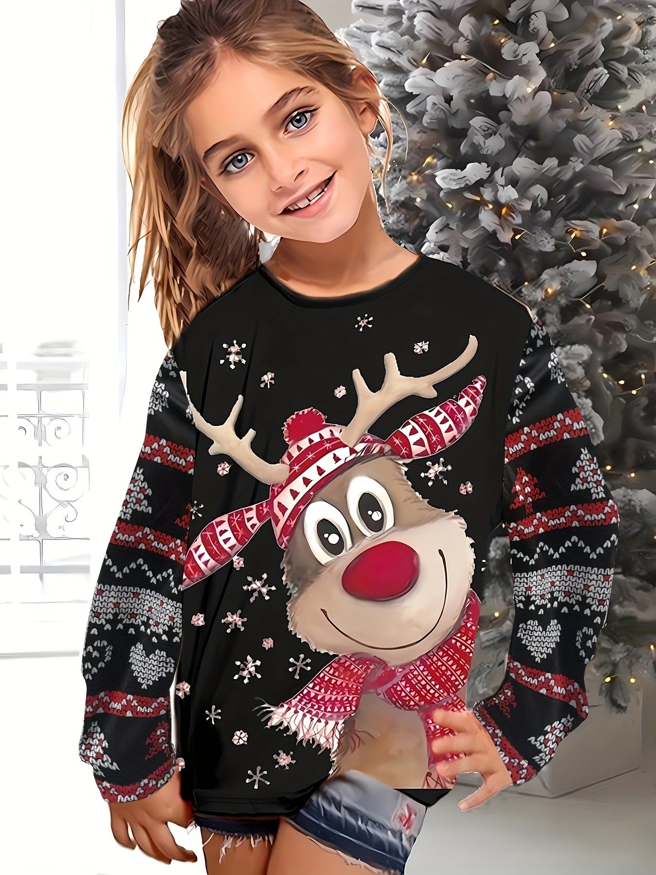 Cozy Reindeer Graphic Long Sleeve T-shirt for Girls - Comfy Pullover Tops for Spring and Fall Seasons, Perfect Christmas Gift Idea with Lovely Design