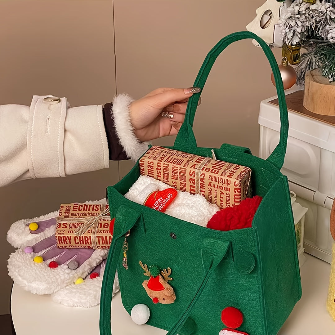 Rustic Christmas Candy Gift Felt Tote Bag for Women, Vintage Style, Non-Washable, Solid Color, Red & Green, No Lining, Cartoon Print, with Fixed Straps and Snap Closure, No Embellishments