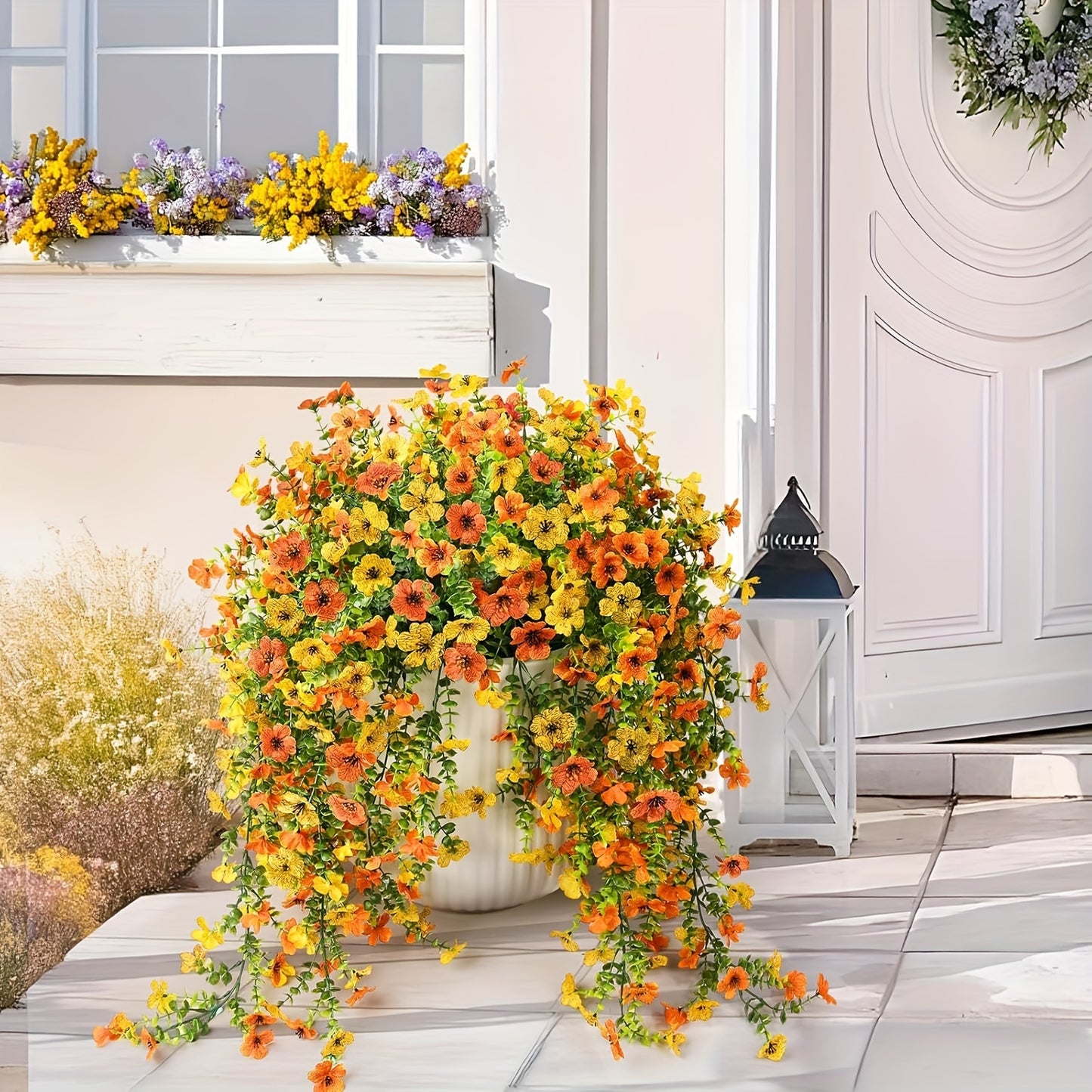 4pcs UV-Resistant Faux Daisy Hanging Flowers - Realistic Silk Plants for Indoor/Outdoor Decor, Perfect for Living Room, Porch, Balcony, Patio - Easy Maintenance, Ideal for Thanksgiving, Christmas, Day of the Dead - Bohemian Style Home Accents