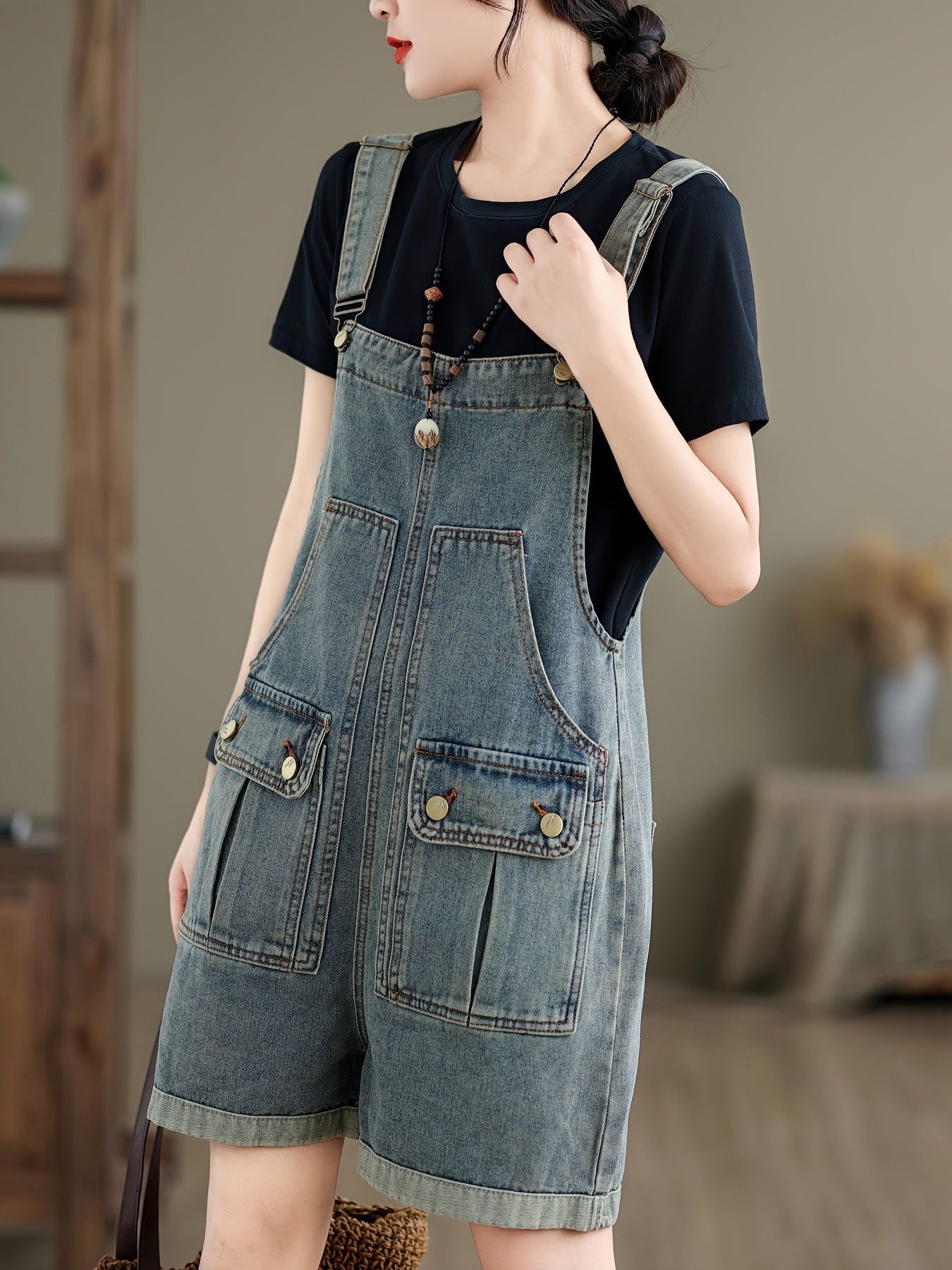 Plain Washed Blue Flap Pocket Adjustable Strap Retro Style Roll Up Hem Denim Overalls Shortalls Dungarees, Women's Denim Jeans & Clothing
