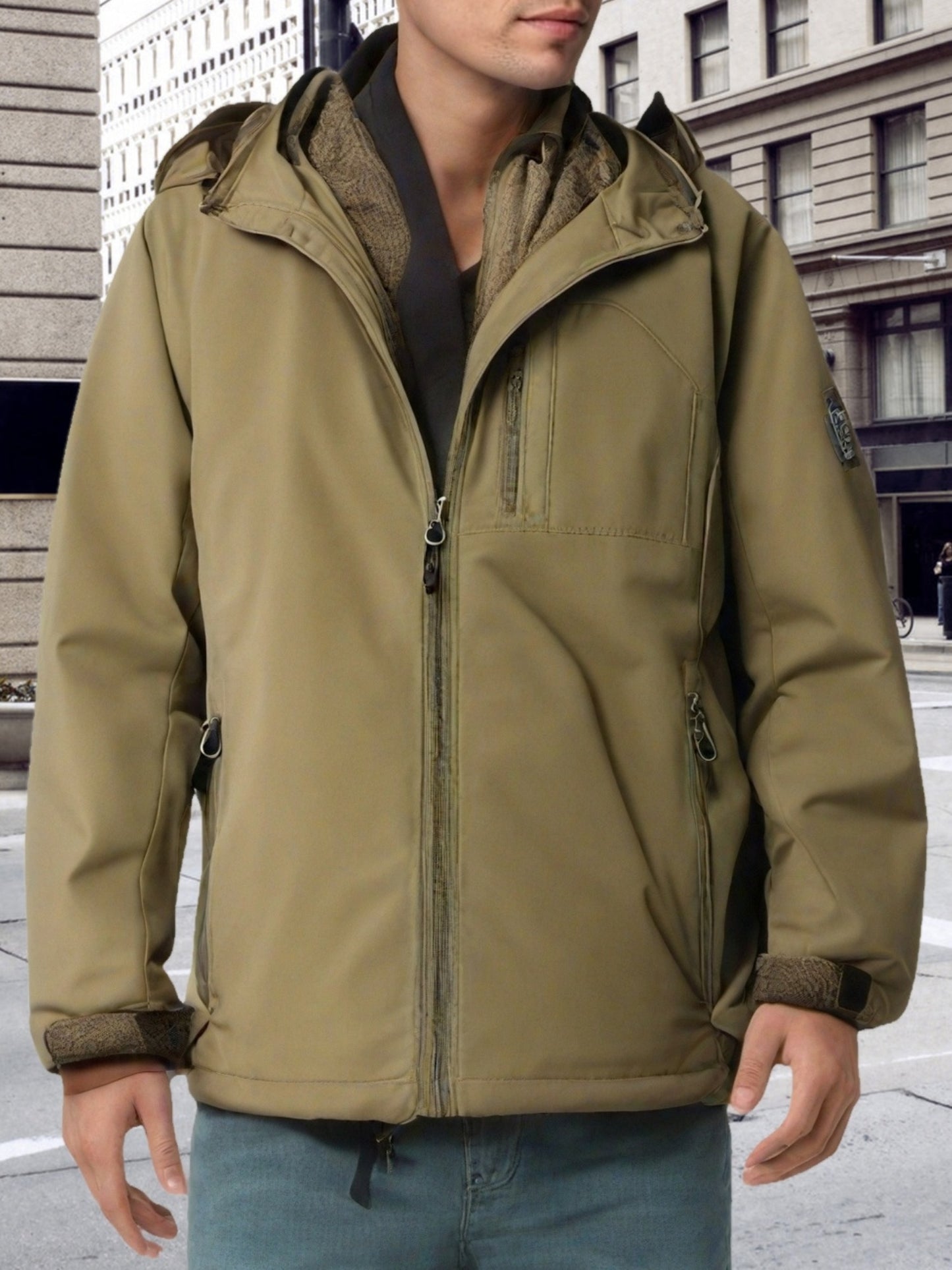 Men's Solid Hooded Long Sleeve And Zipper Down Windbreaker Jacket With Pockets And Detachable Hood, Casual And Chic Jackets For Outdoors Activities