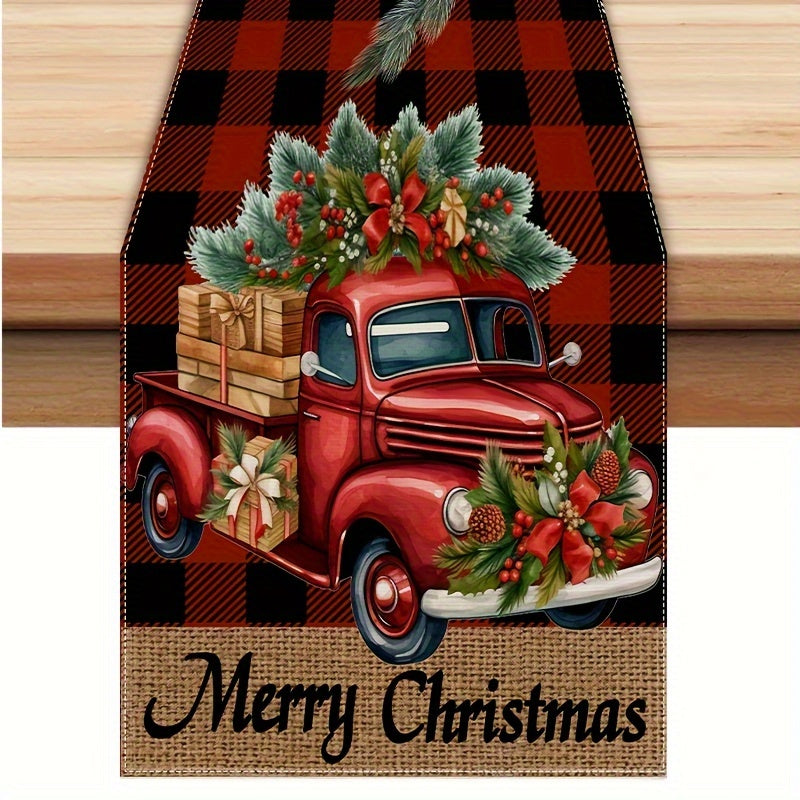 Yuletide Bliss, Merry Christmas Table Runner - Buffalo Plaid with Truck & Tree Design, Polyester, Perfect for Holiday Dining Decor, 13" x 72