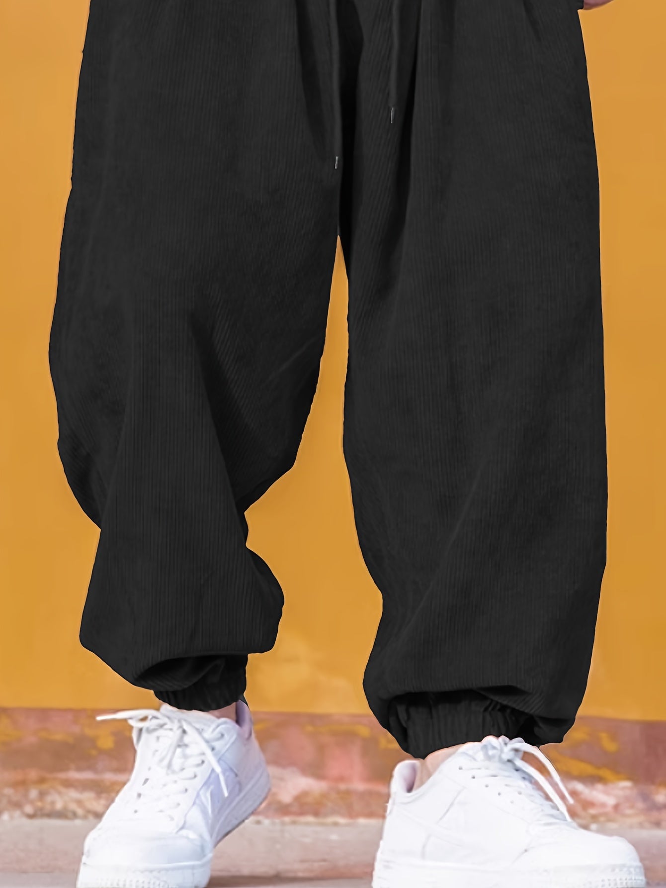 Men's Solid Color Loose Fit Corduroy Pants With Drawstrings, Casual Comfy Outdoor All-season Trousers As Gift