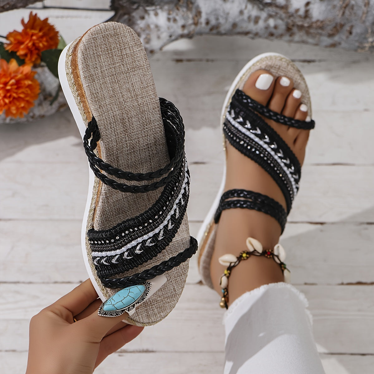 Trendy Braided Wedge Sandals - Stylish Heel with Platform Sole, Open Toe Design, Effortless Slip-On Comfort for Casual Chic