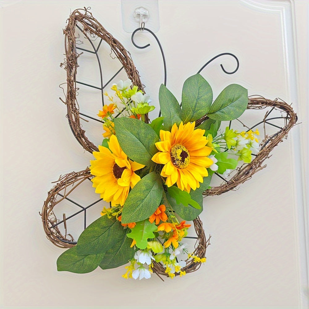 1pc, Spring Wreath, Butterfly Wreath, Sunflower Wreath, For Front Door Decoration, Spring Door Wreath, Spring Farmhouse Wreath, Mother's Day Wreath, Spring, Butterfly, Spring Decoration, Wreath, Autumn Door Decoration, Thanksgiving Wreath