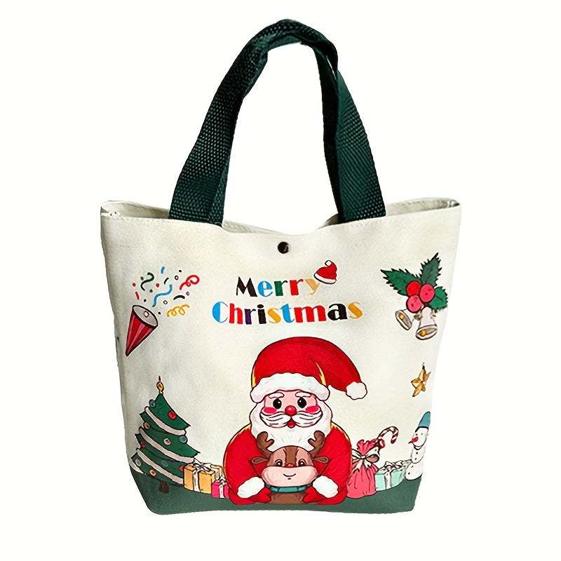 1pc Festive Canvas Tote Bag, Merry Christmas & Happy New Year 2025 Design, Santa Claus & Reindeer Print, Holiday Gift & Grocery Handbag, Uncharged, Durable Material