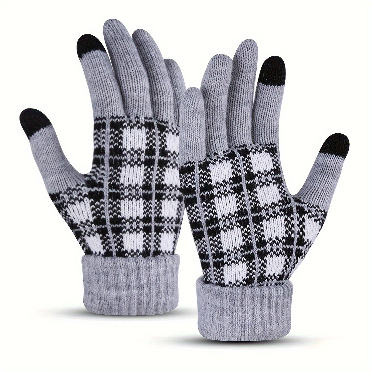 Thickened Full Finger Gloves - Warm, Touchscreen, Windproof, and Coldproof for Weekend Casual Sports - Acrylic Knit with Elasticity and Classic Contrast Color Plaid Design