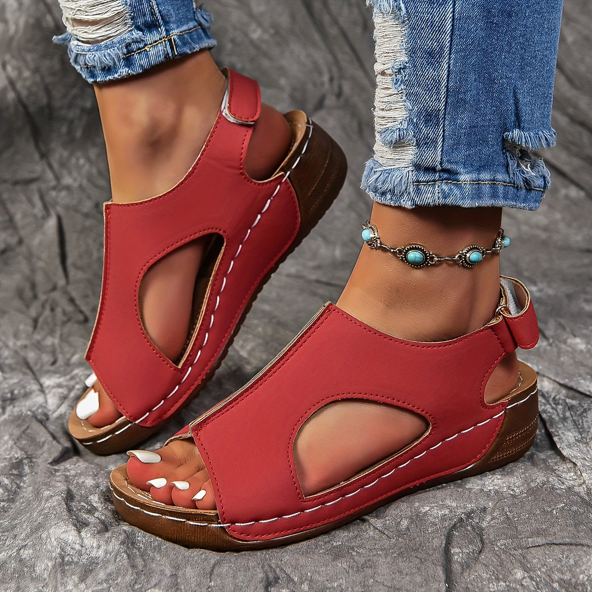 Mid Heel Wedge Sandals for Women - Comfortable Open Toe Ankle Strap Shoes with Faux Leather Upper, Polyurethane PU Sole, and Hook-and-Loop Fastener Closure for Casual Summer Wear - Solid Color, No Printing, Breathable and Easy to Slip On