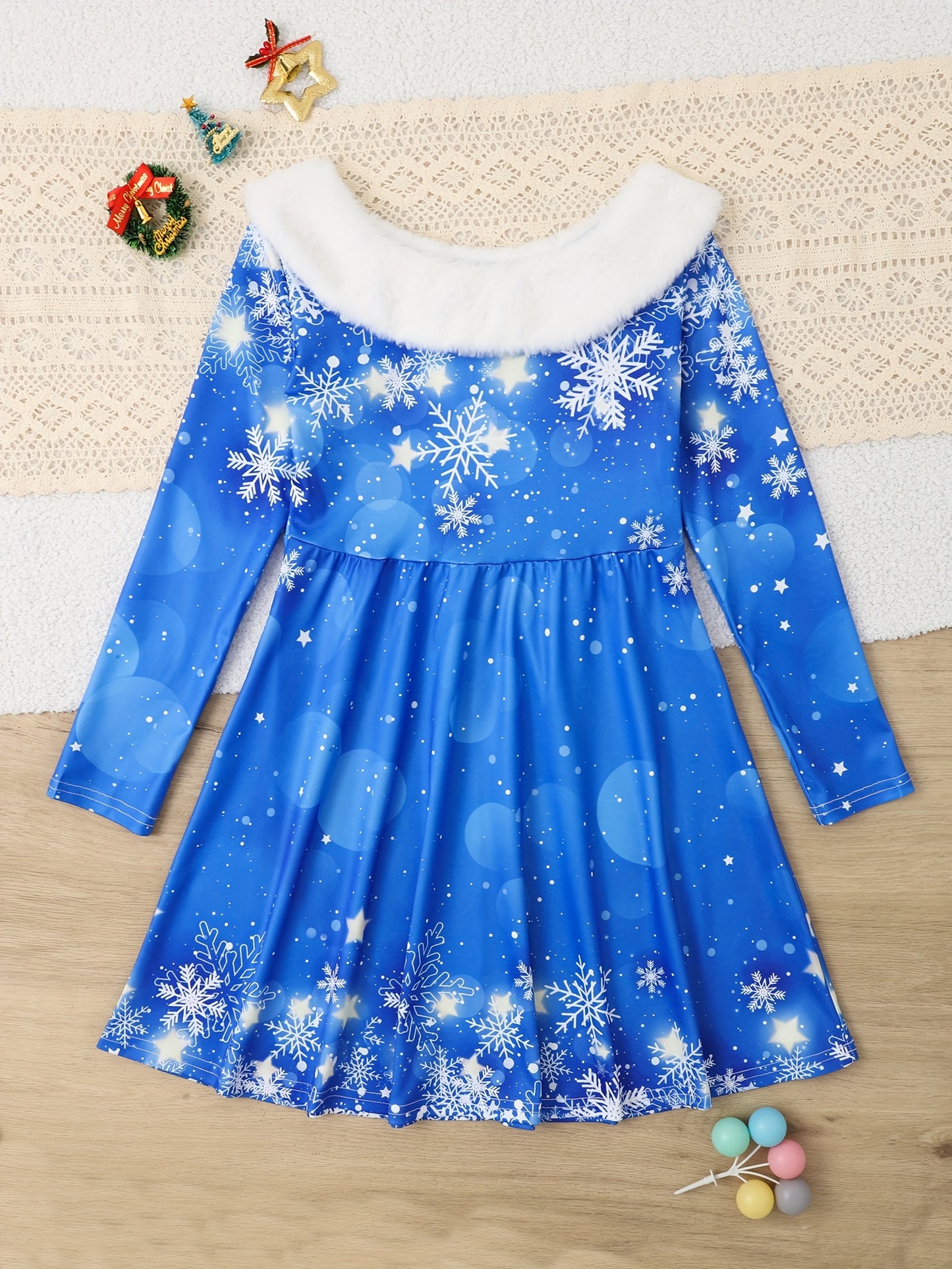 Stylish Snowflake Crew Neck Long Sleeve Dress - Activewear for Girls - Elegant Graphic Print, Splicing Design, Comfortable Fit for Spring, Fall and Christmas Gift Ideas
