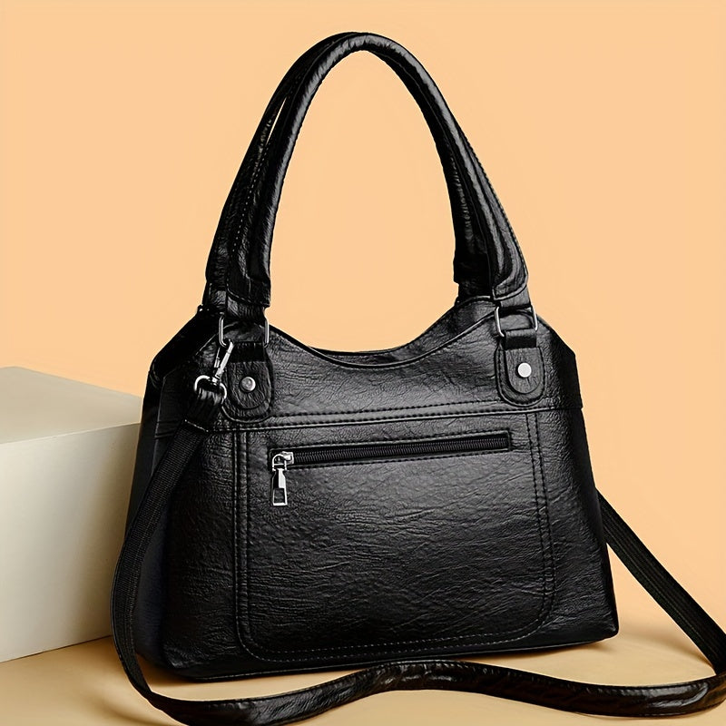 Chic Vintage-Inspired Faux Leather Tote Bag for Women - Versatile Shoulder & Crossbody Design with Adjustable Strap, Multiple Compartments, Zip Closure - Perfect for Work, Travel, and Casual Outings - Black