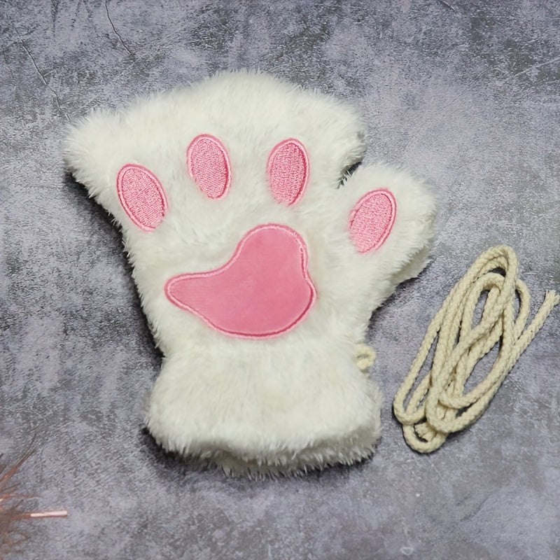 Cozy Cat Claw Plush Half-Finger Gloves - Thick, Warm & Soft For Autumn & Winter, Hand Wash Only, Perfect For Sports & Outdoor Activities