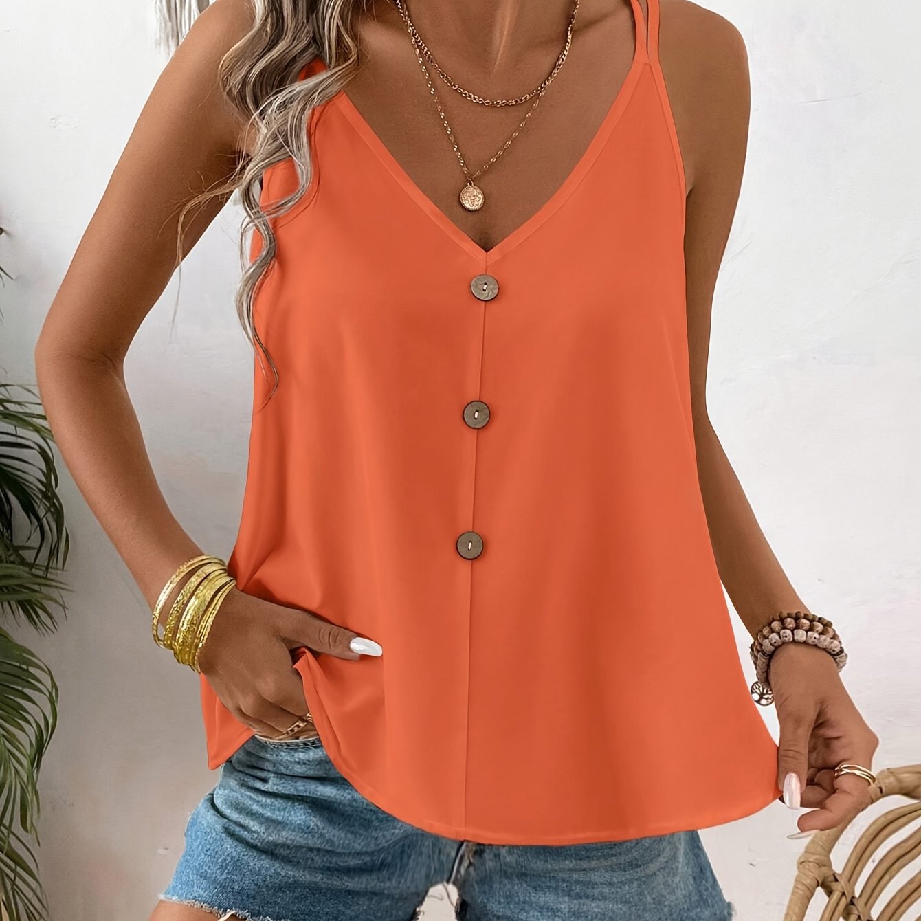 V Neck Spaghetti Strap Cami Top - Elegant Solid Color Sleeveless Shirt with Fake Buttons for Spring and Summer - Womens Regular Length Dacron and Spandex Semi-Sheer Woven Clothing