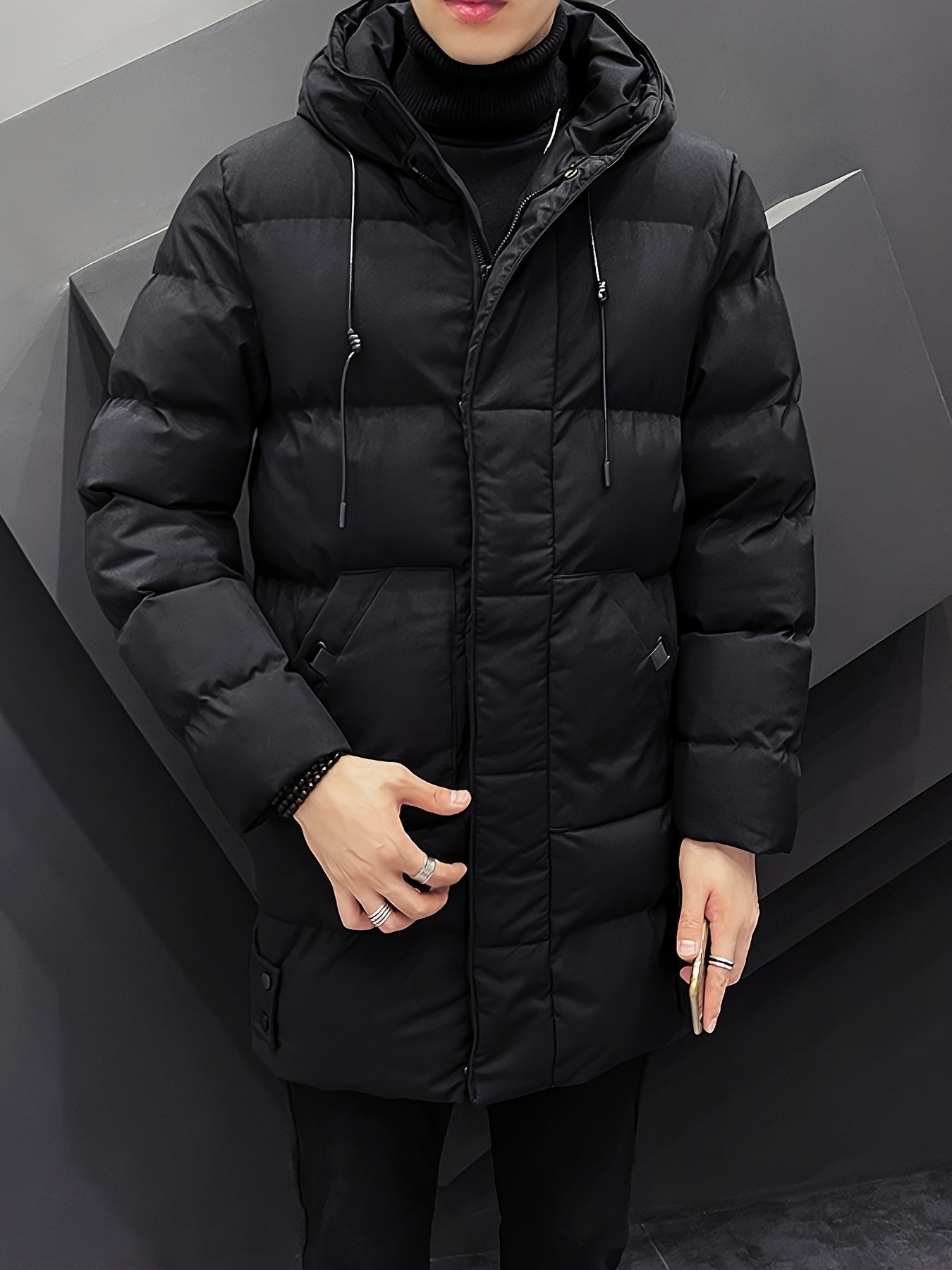 Men's Warm Puffer Coat, Casual Slightly Stretch Breathable Hooded Down Jacket For Outdoor Winter